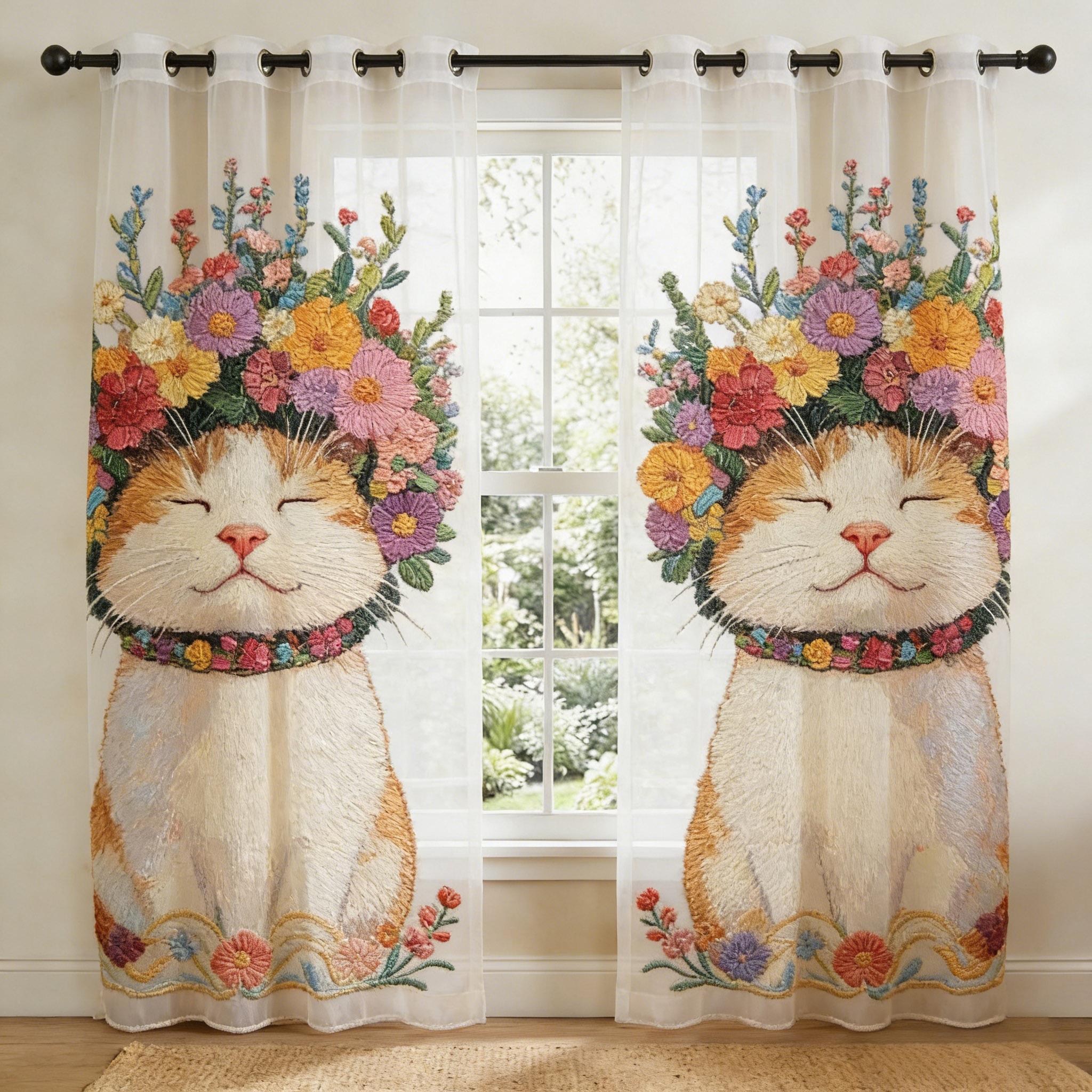 Flower Crown Cat Embroidered Sheer Curtains