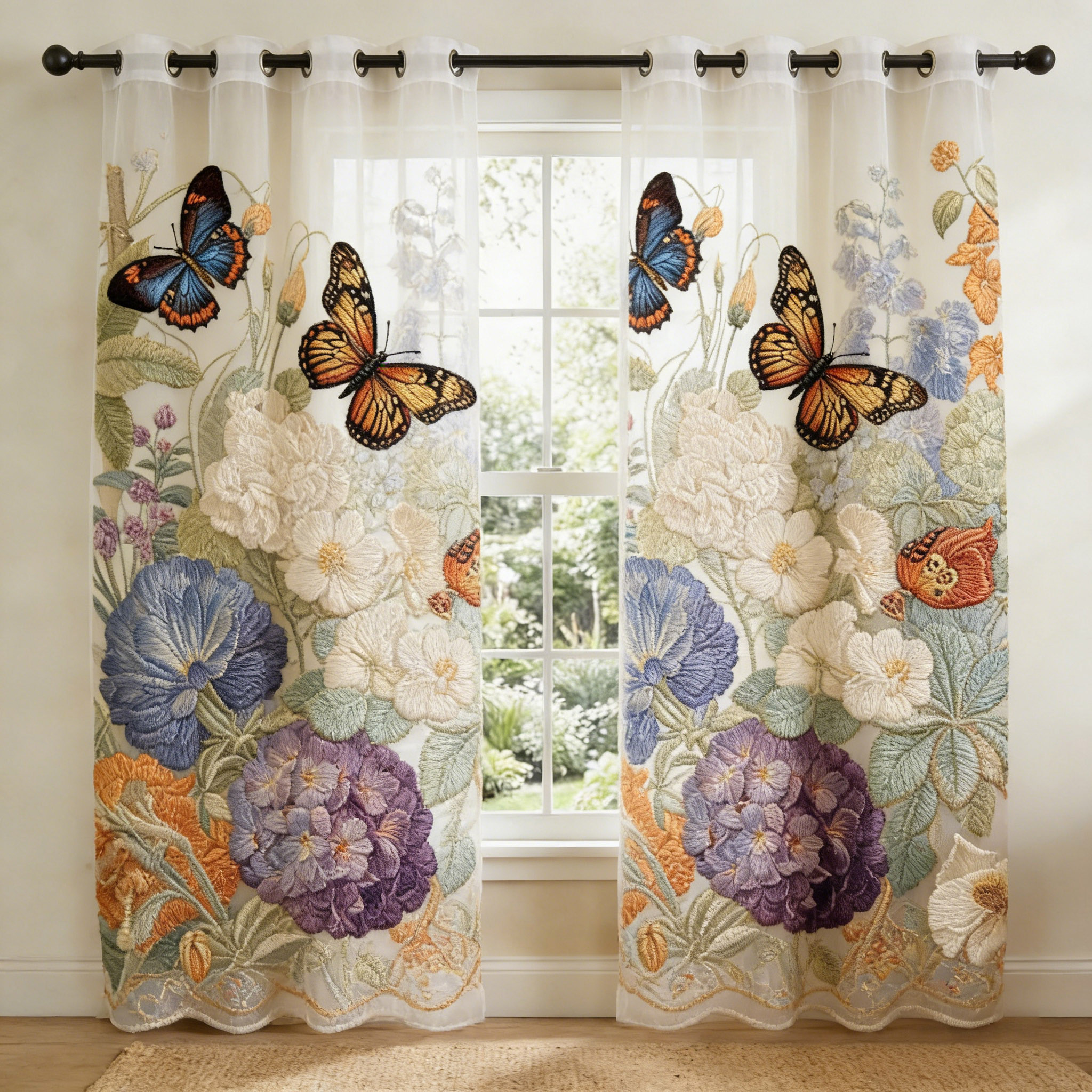 Monarch Butterfly Floral Embroidered Sheer Curtains