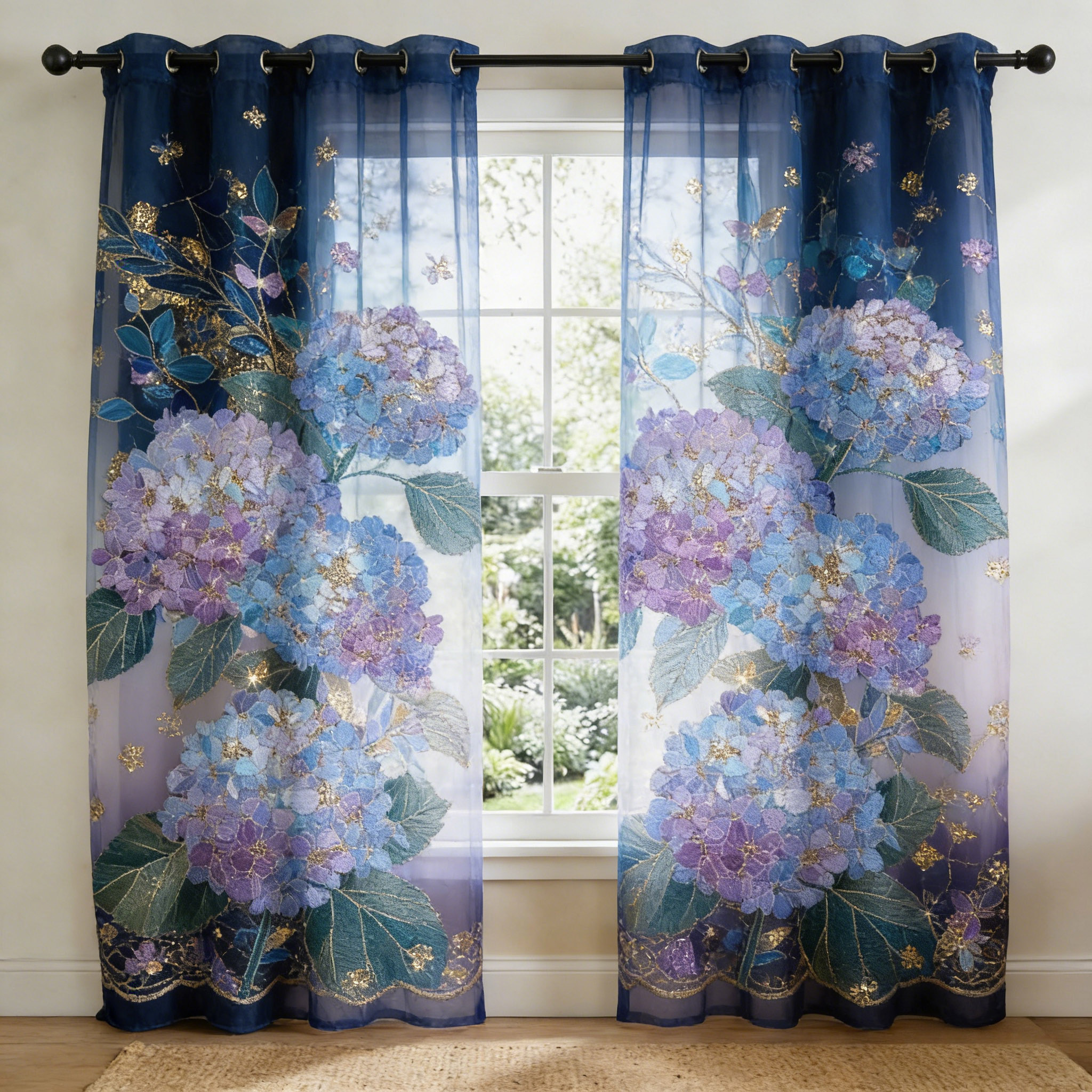 Blue Purple Hydrangea Embroidered Sheer Curtains