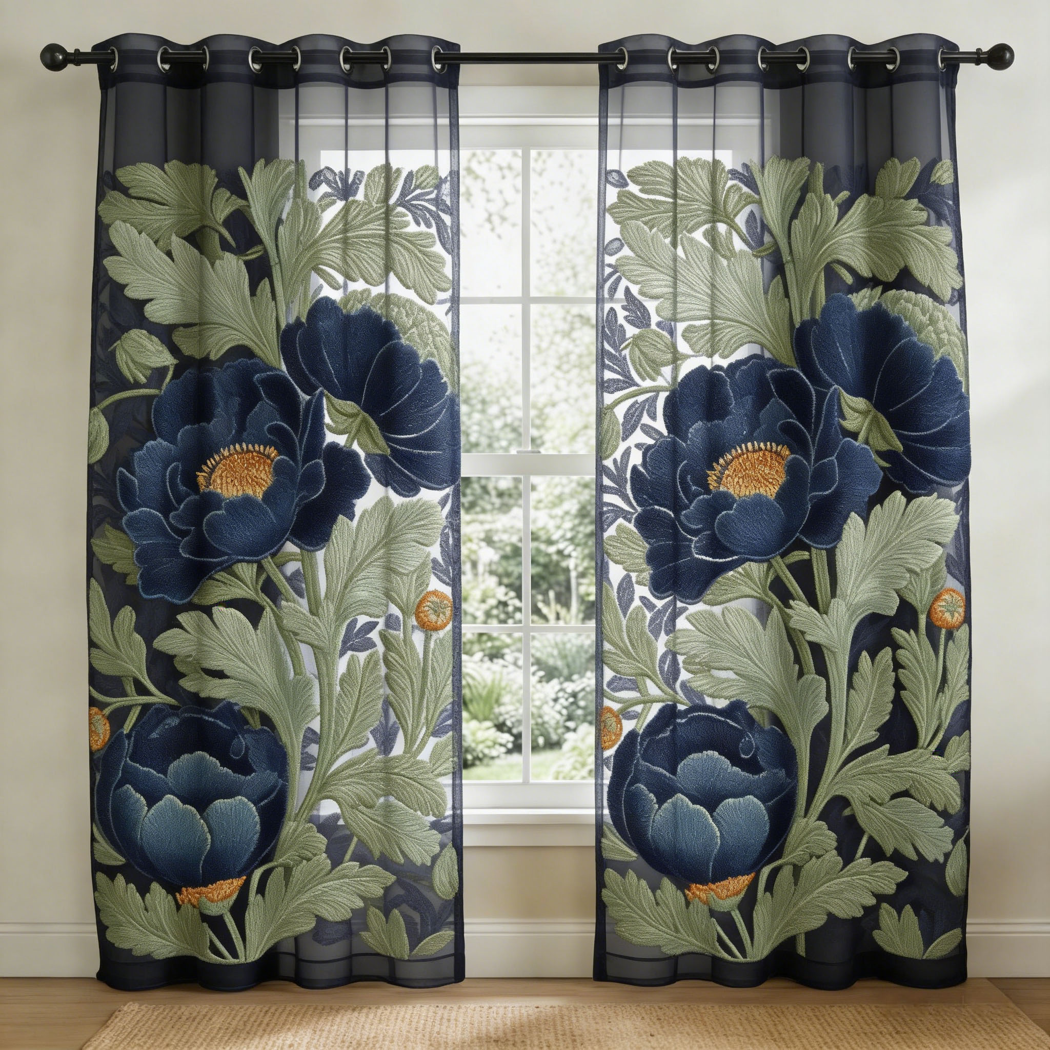 Dark Blue Peony Blossom Embroidered Sheer Curtains