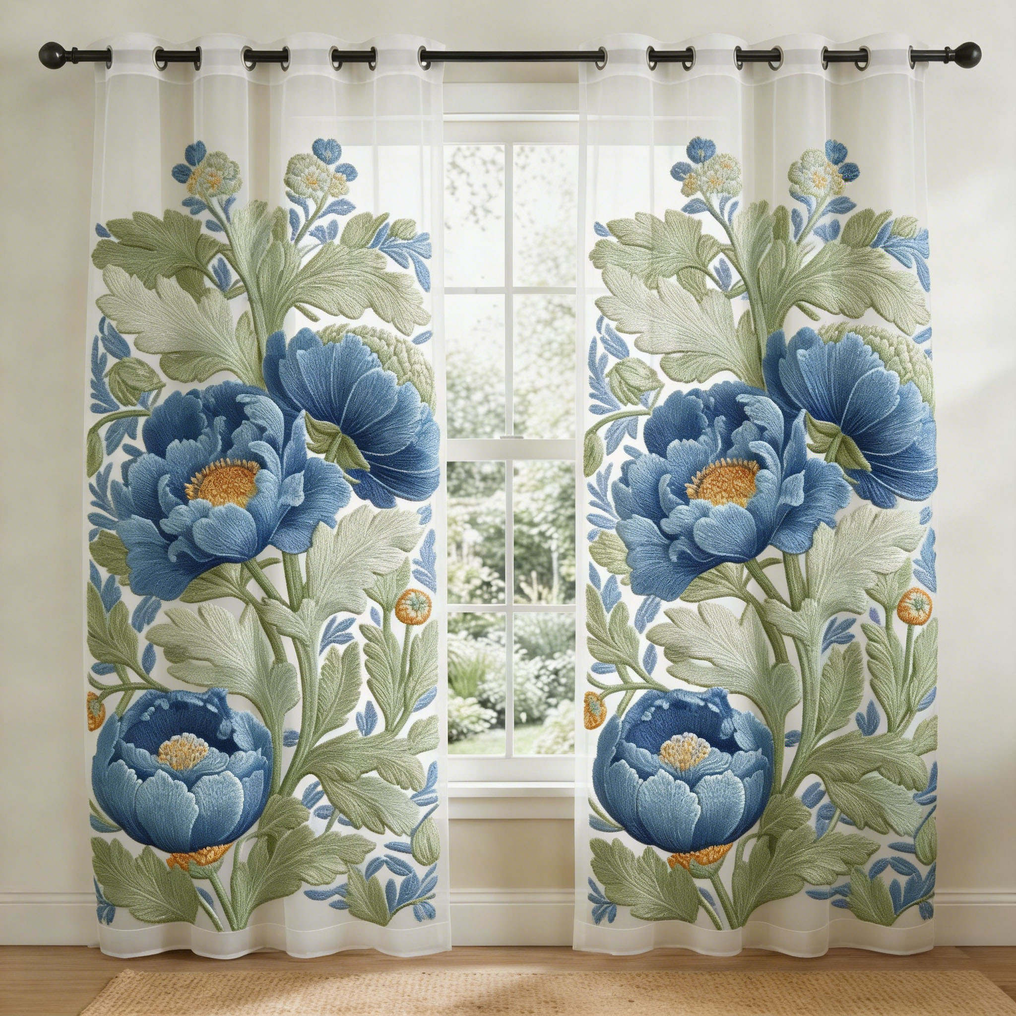 Fresh Blue Peony Embroidered Sheer Curtains