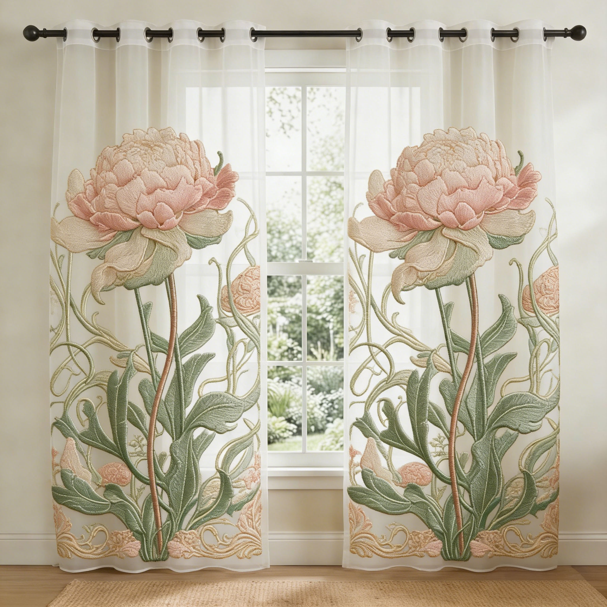 Romantic Peony Art Nouveau Embroidered Sheer Curtains