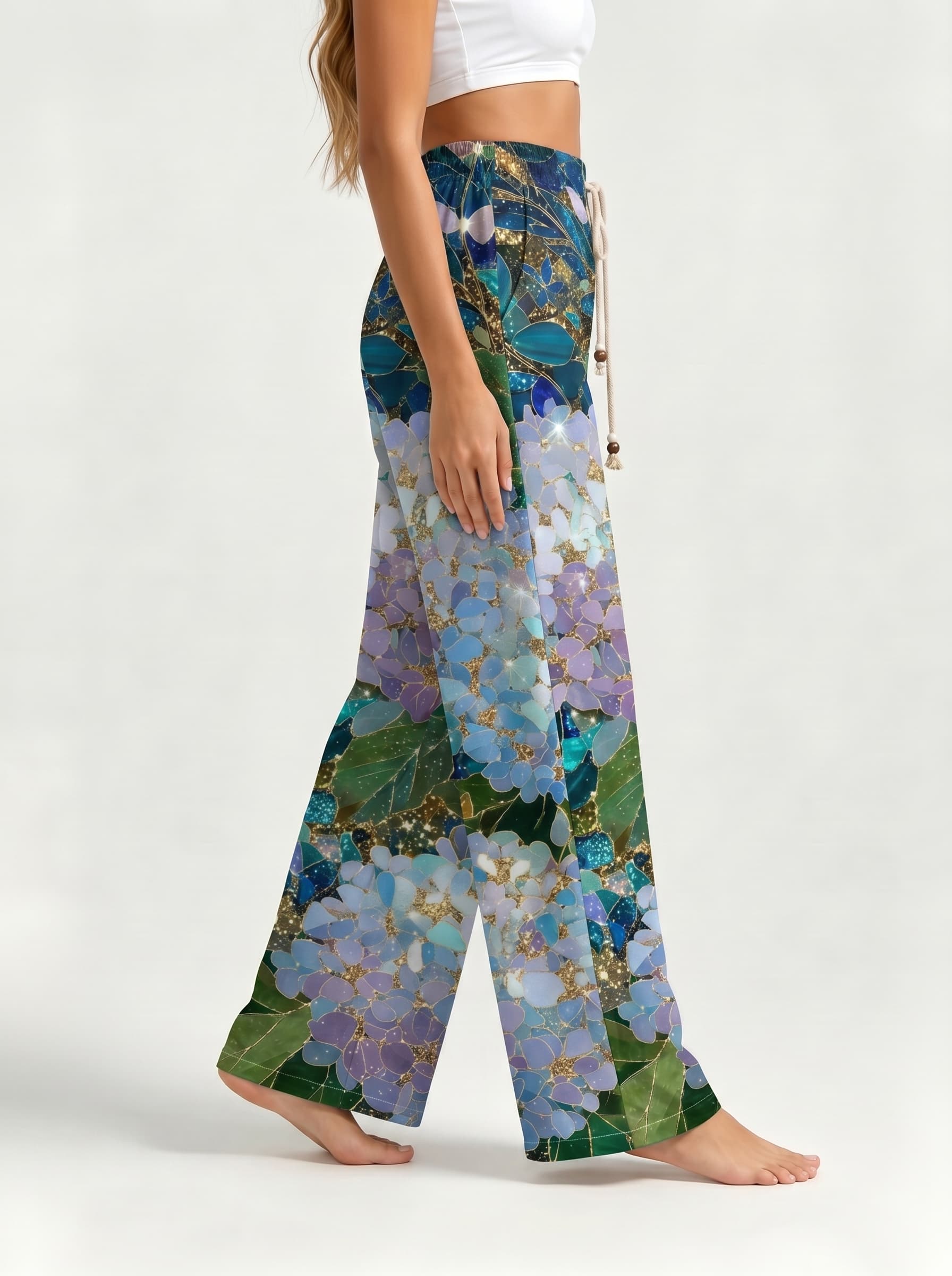 Glitter Hydrangea Stained Glass Drawstring Wide Leg Trousers