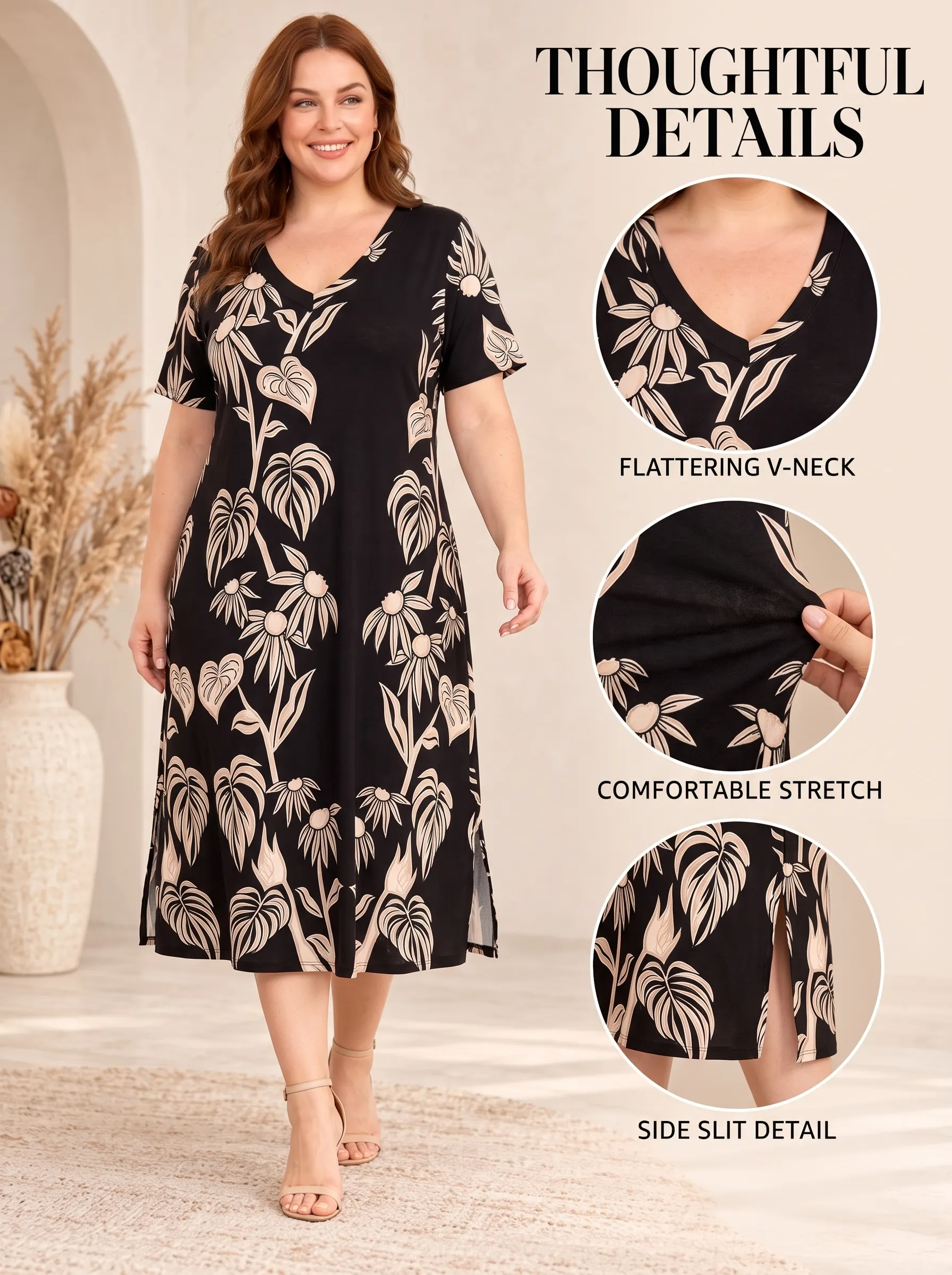 Women's V Neck Short Sleeve Printed Midi Dress