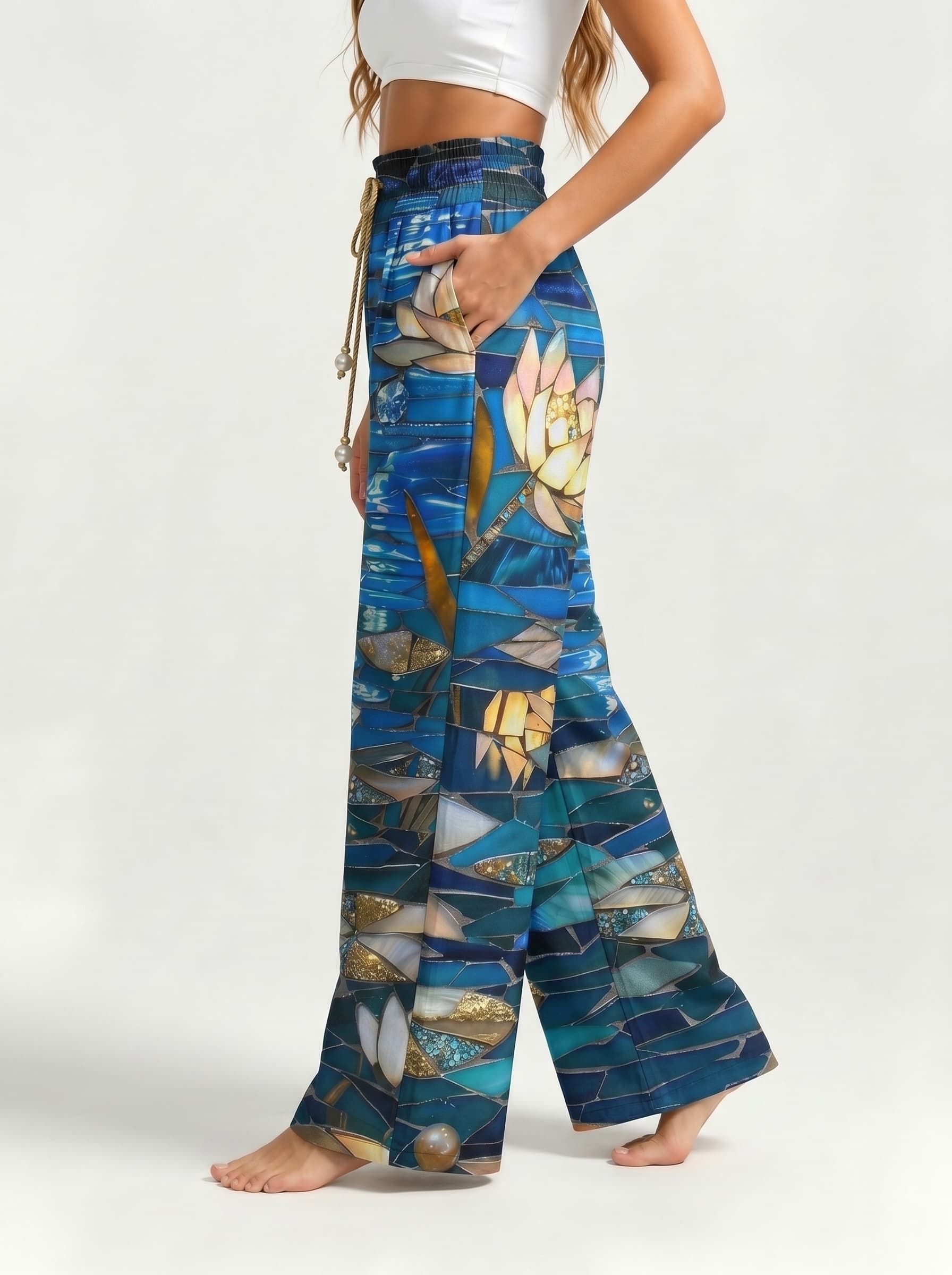 Stained Glass Mosaic Lotus Drawstring Wide Leg Trousers