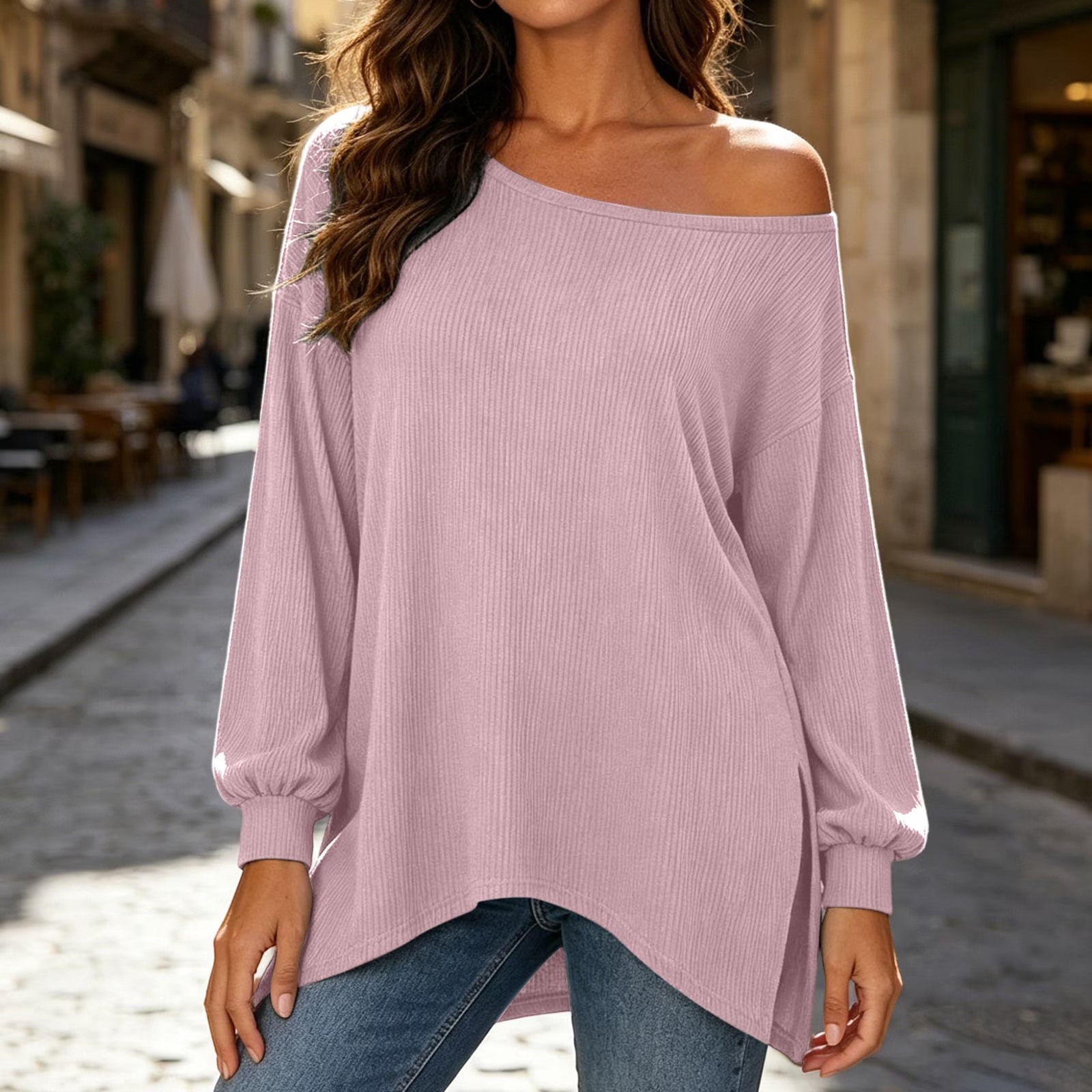 Women's Off Shoulder Lantern Sleeve Irregular Hem Long Sleeve Top