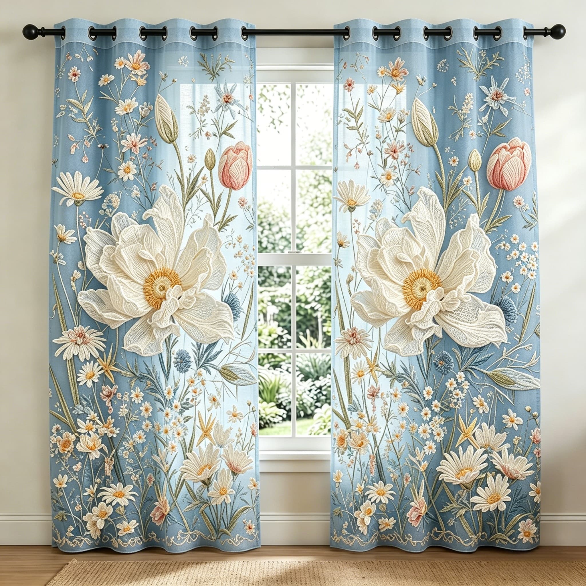 Soft Blue Wildflower Meadow Embroidered Sheer Curtains