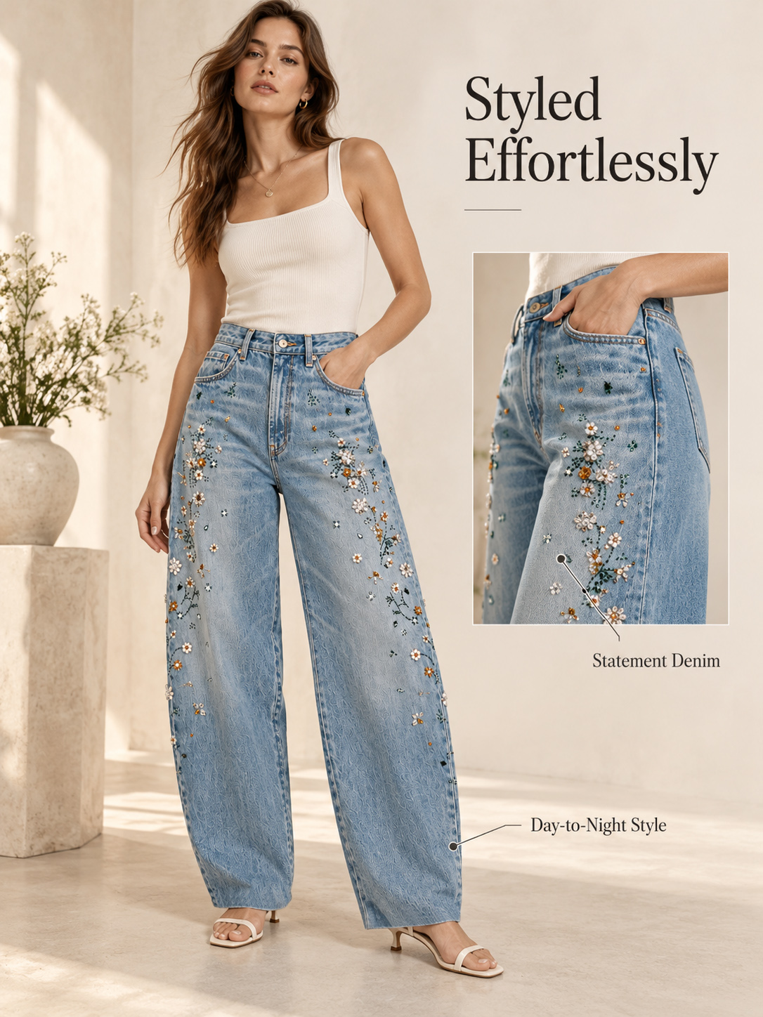 Embellished Barrel-Leg Jeans