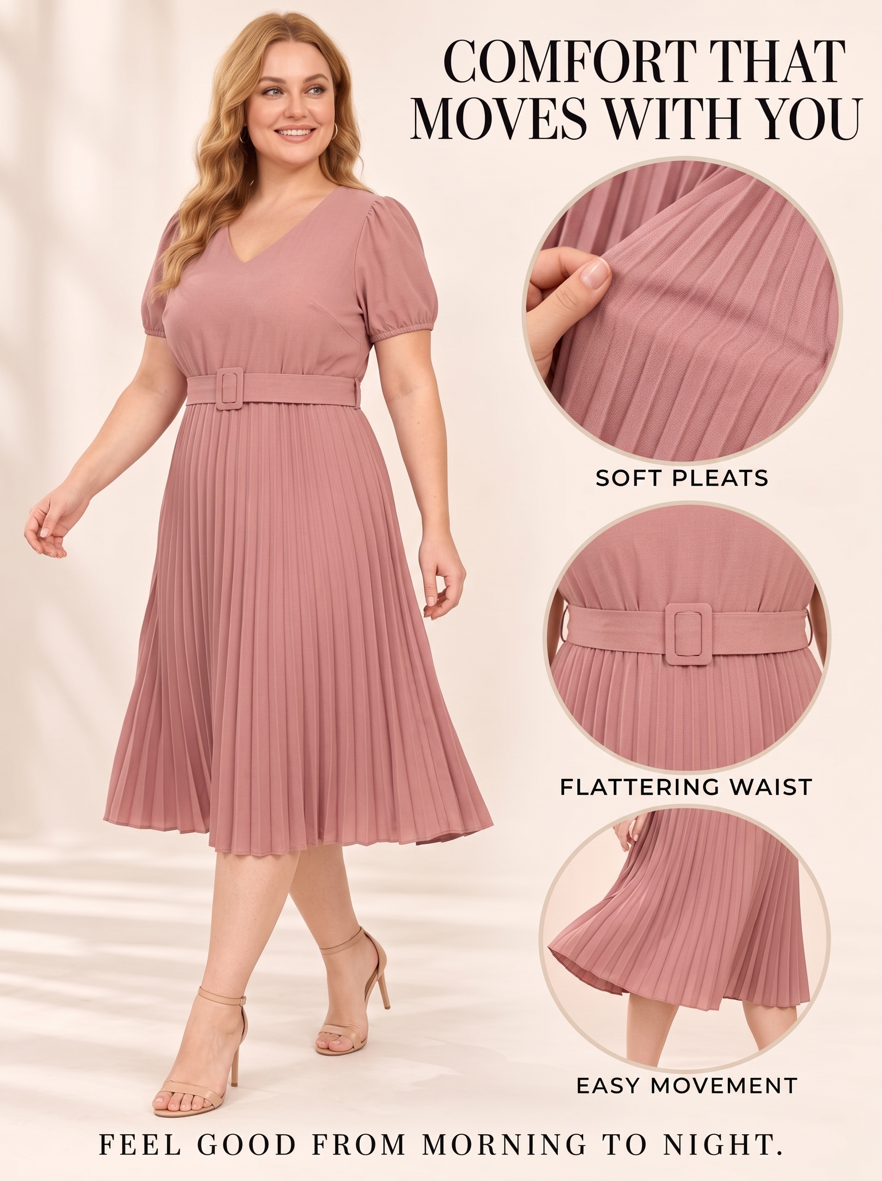 Everyday V-Neck Puff-Sleeve Belted Pleated Midi Dress