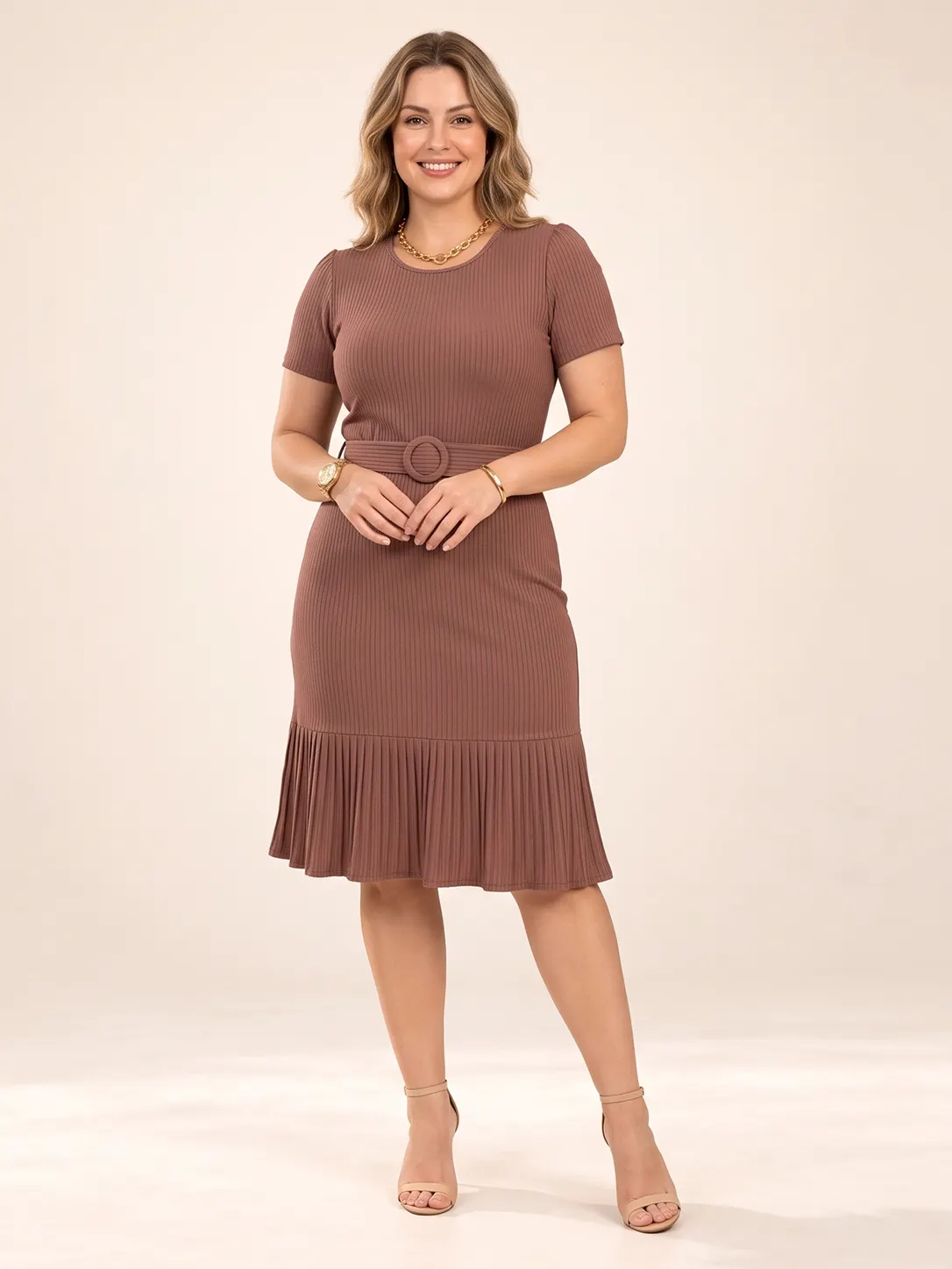 Everyday Ribbed Belted Ruffle-Hem Dress