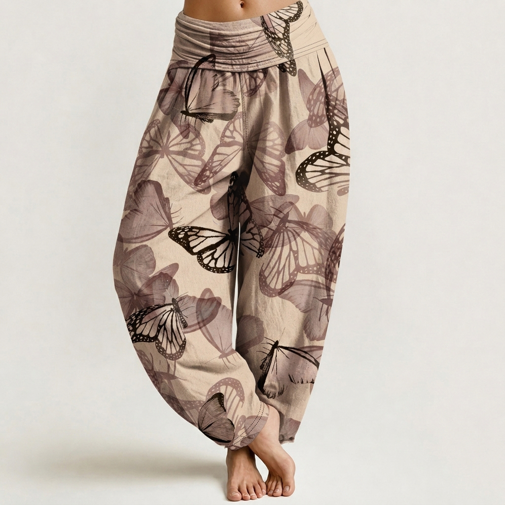 Sepia Tone Butterfly Print Loose-fitting Pants