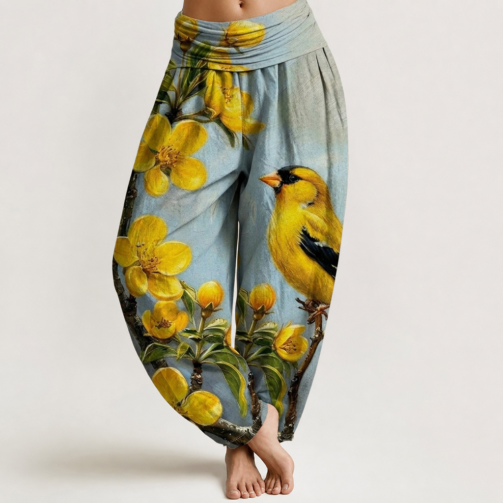 Goldfinch Yellow Floral Print Loose-fitting Pants