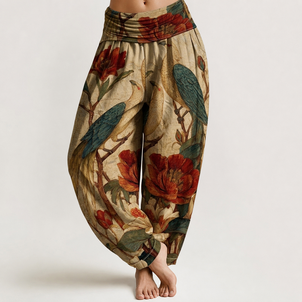 Vintage Bird & Peony Floral Print Loose-fitting Pants