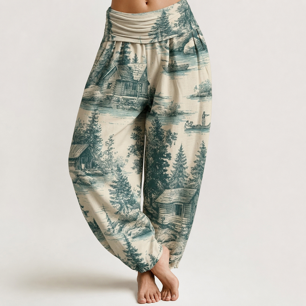 Forest Lake Cabin Landscape Print Loose-fitting Pants