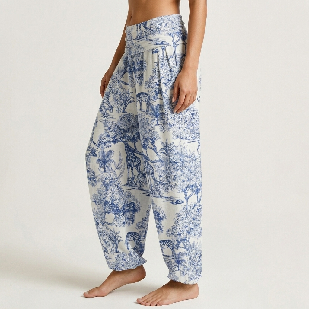 Blue Safari Jungle Animal Toile Print Loose-fitting Pants