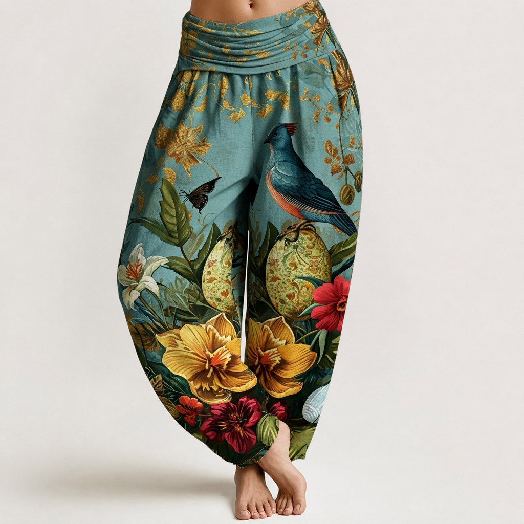Teal Tropical Bird Golden Foliage Print Loose-fitting Pants