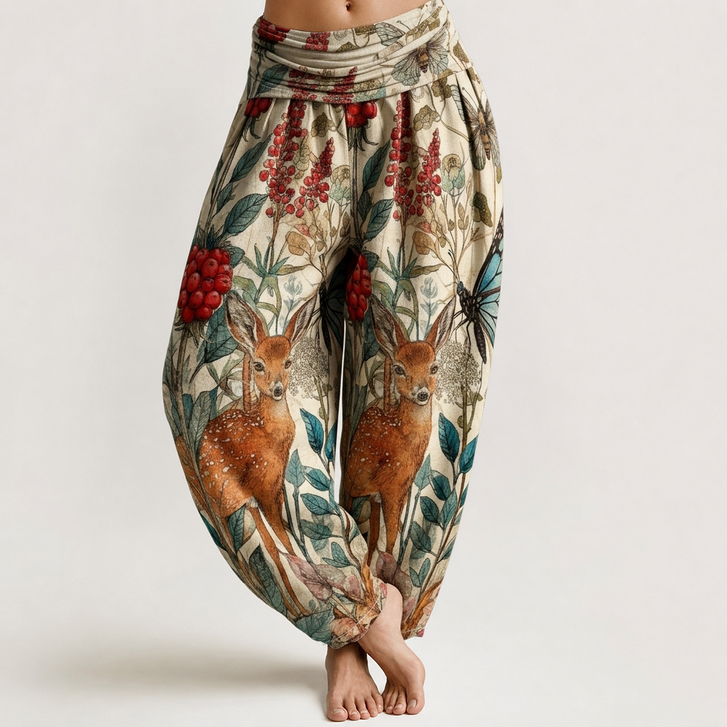 Forest Deer Berry Butterfly Botanical Print Loose-fitting Pants