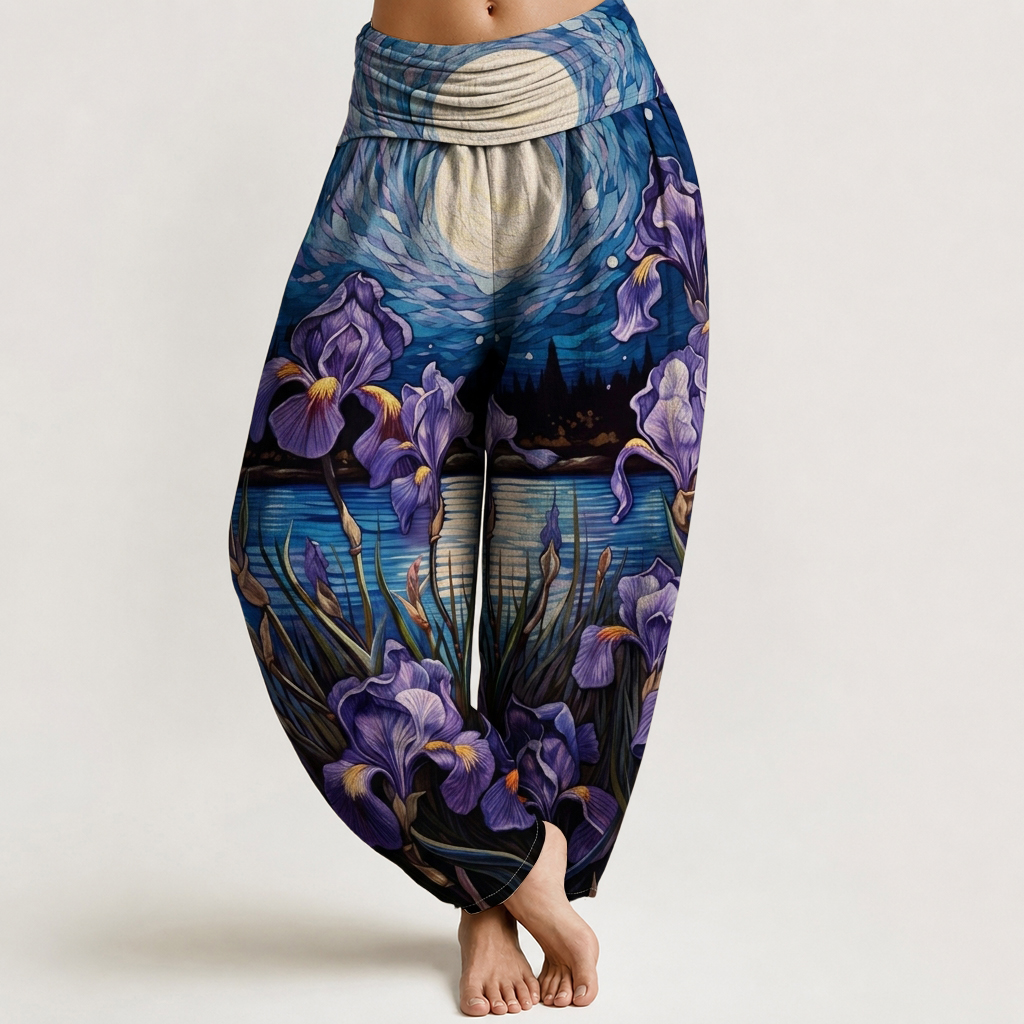 Night Purple Iris Lake Oil Print Loose-fitting Pants