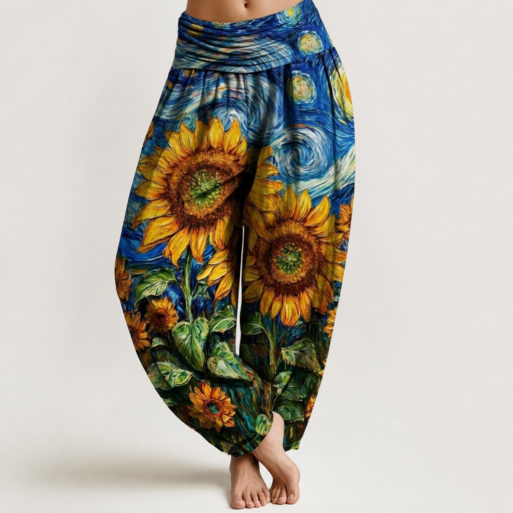 Starry Sky Sunflower Oil Painting Print Loose-fitting Pants