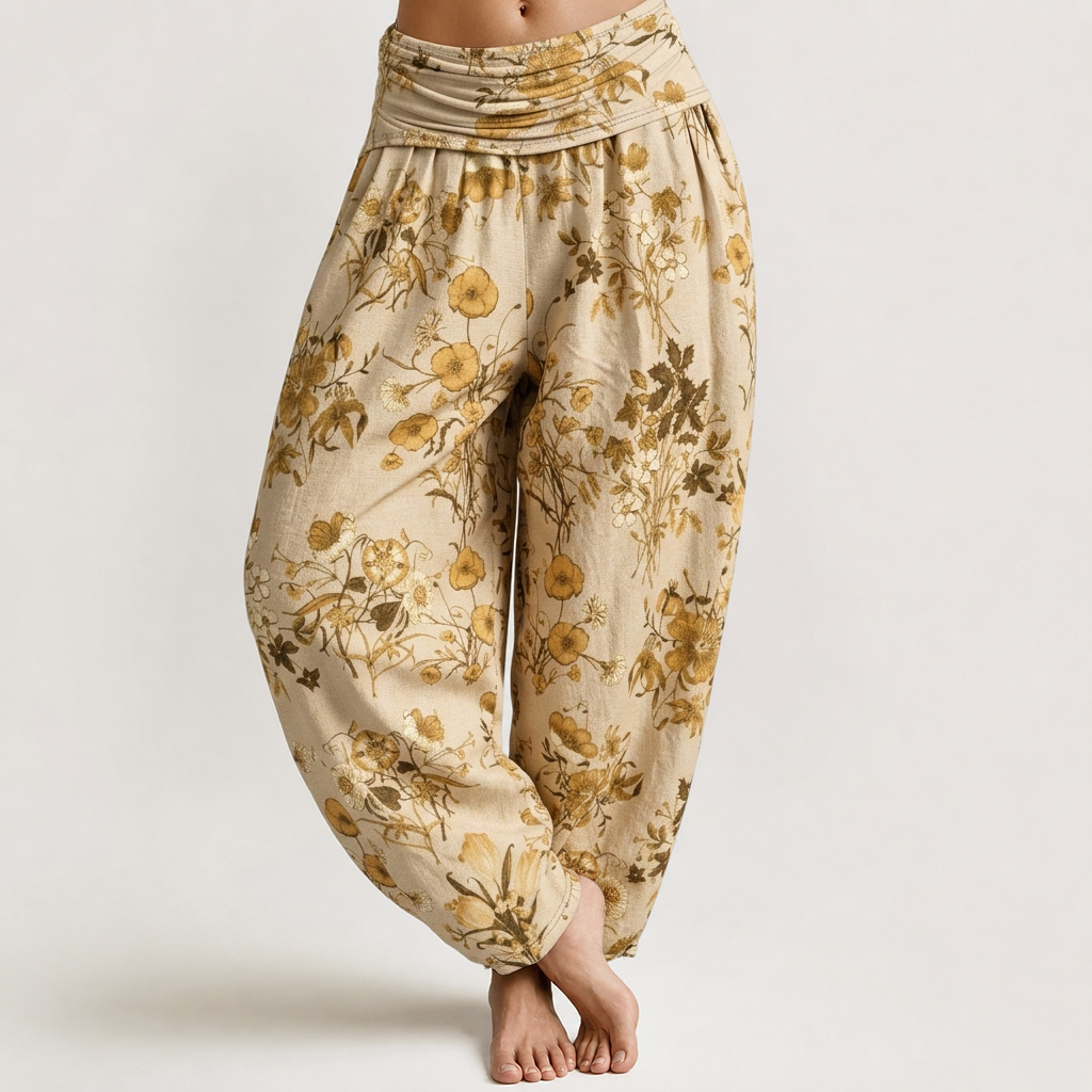 Golden Wild Botanical Floral Print Loose-fitting Pants