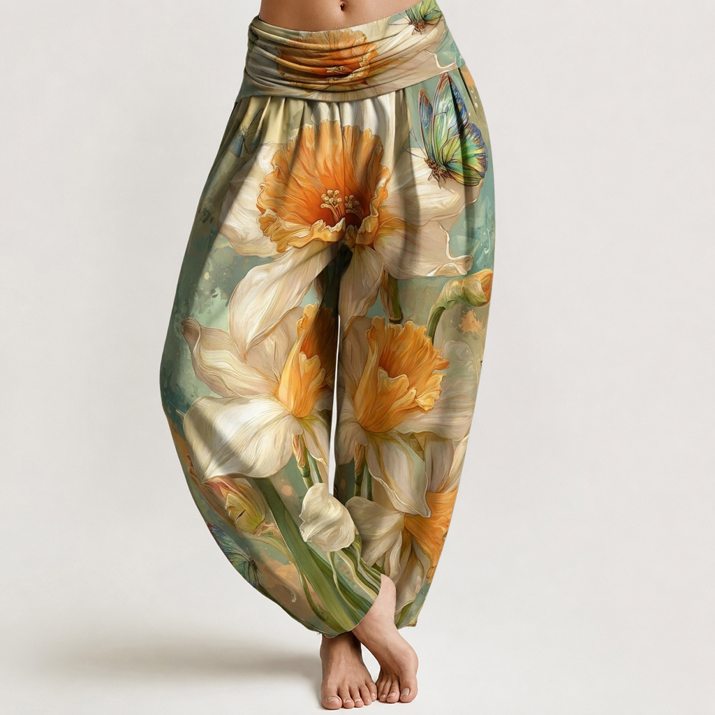 Soft Daffodil Butterfly Floral Print Loose-fitting Pants