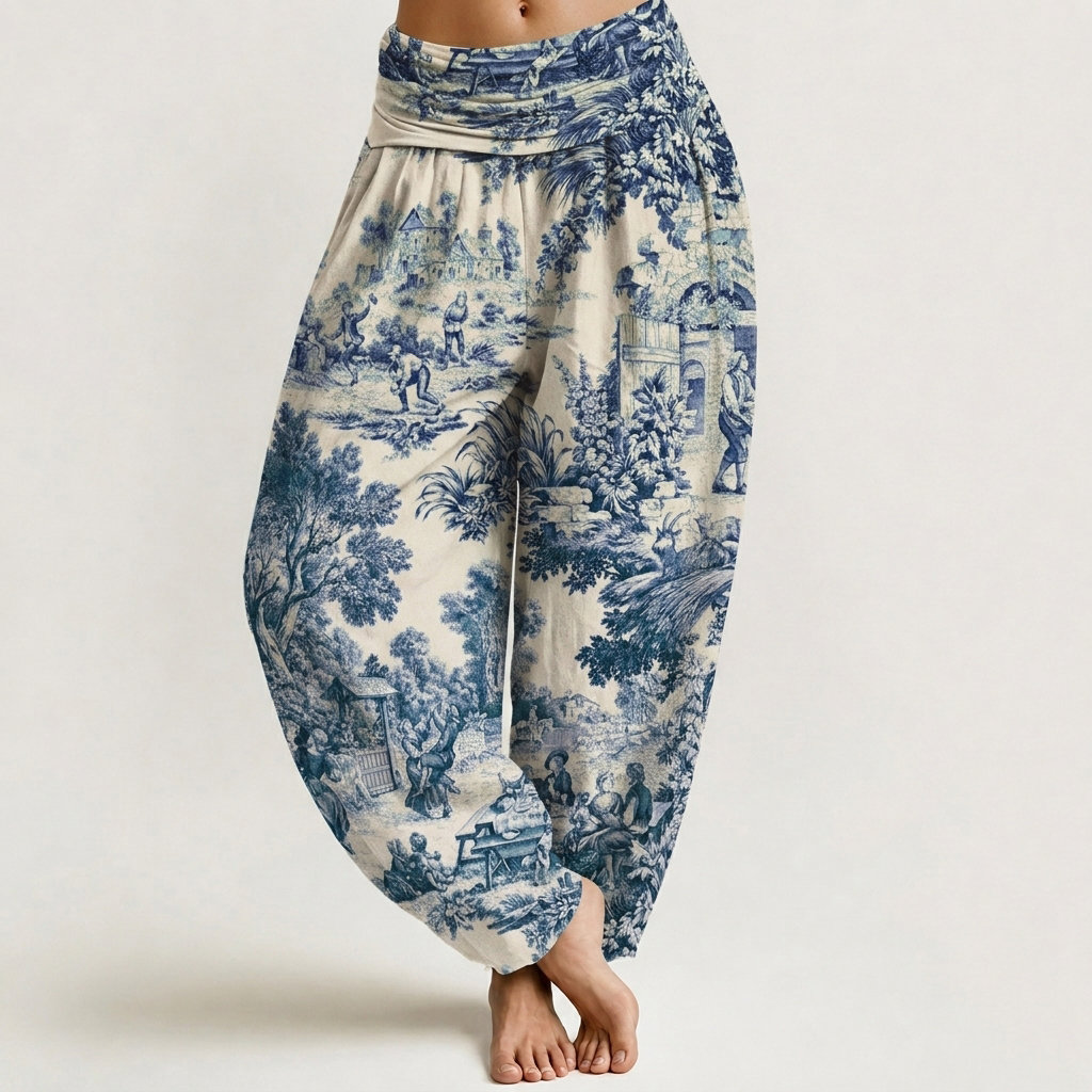 French Countryside Toile Scene Print Loose-fitting Pants