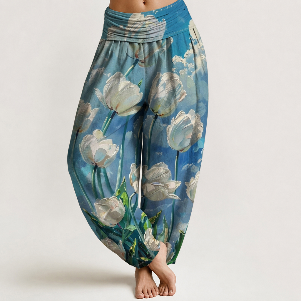 Sky Blue Oil Painting Tulip Print Loose-fitting Pants