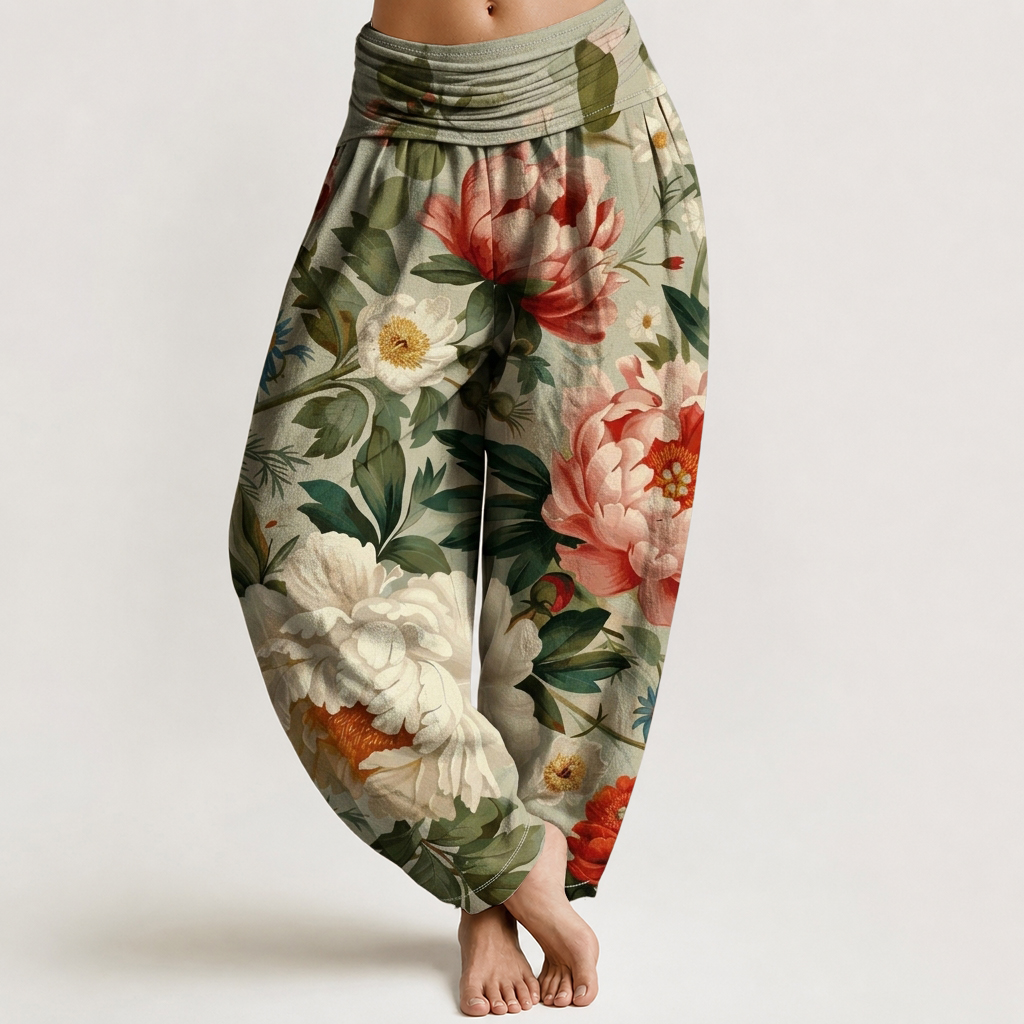 Sage Green Peony Floral Print Loose-fitting Pants