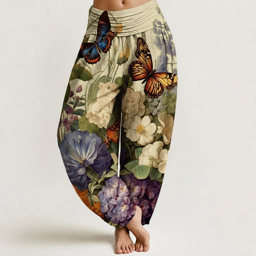 Color Butterfly Hydrangea Floral Print Loose-fitting Pants
