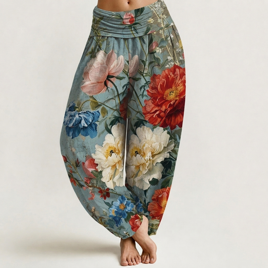 Vintage Oil Painting Peony Print Loose-fitting Pants