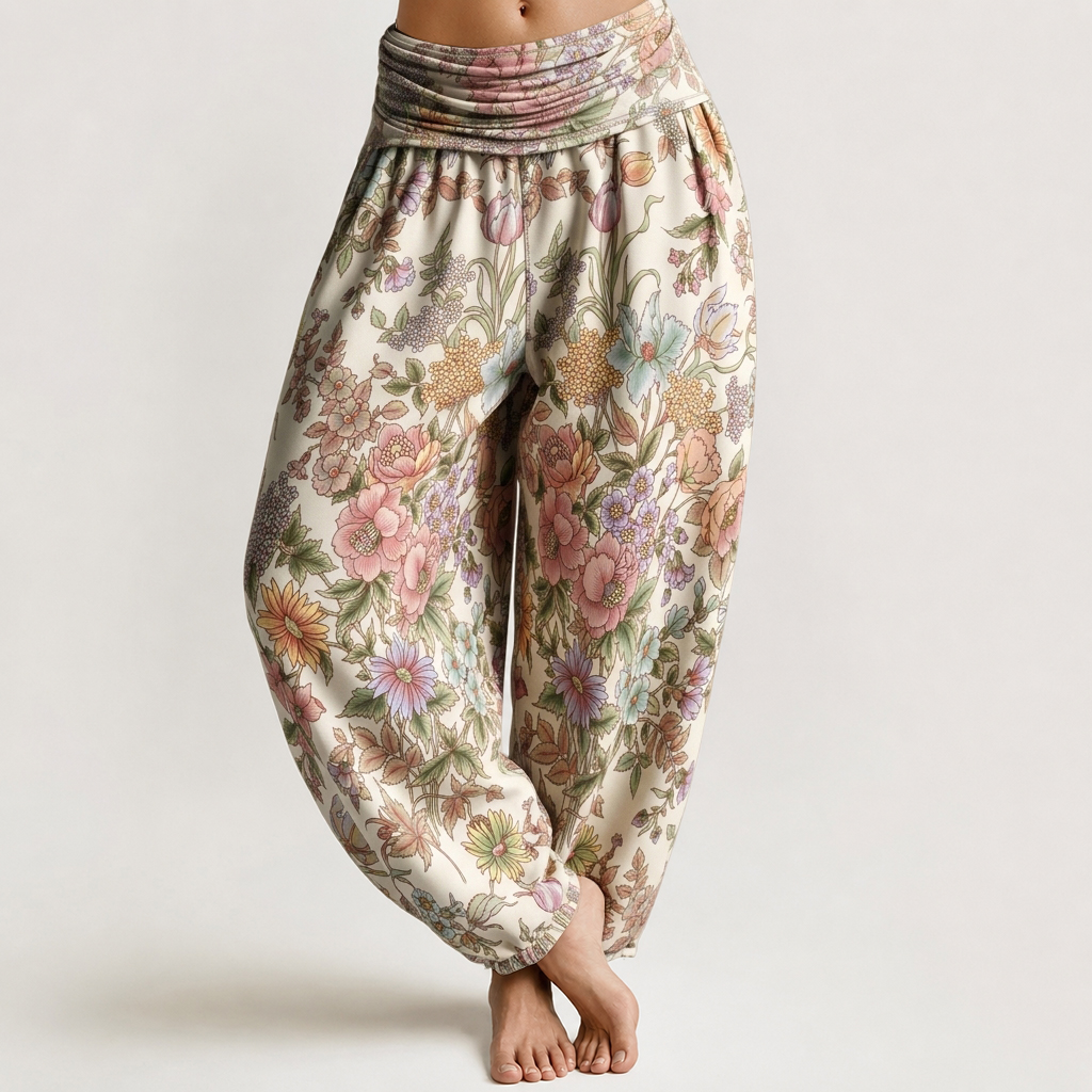 Pastel Ditsy Wildflower Print Loose-fitting Pants