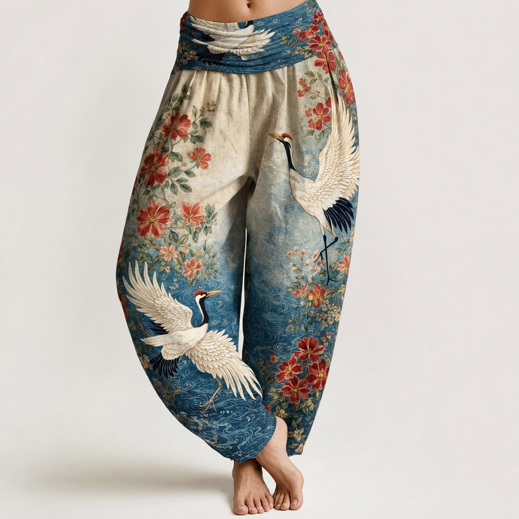 Crane Wave Floral Print Loose-fitting Pants