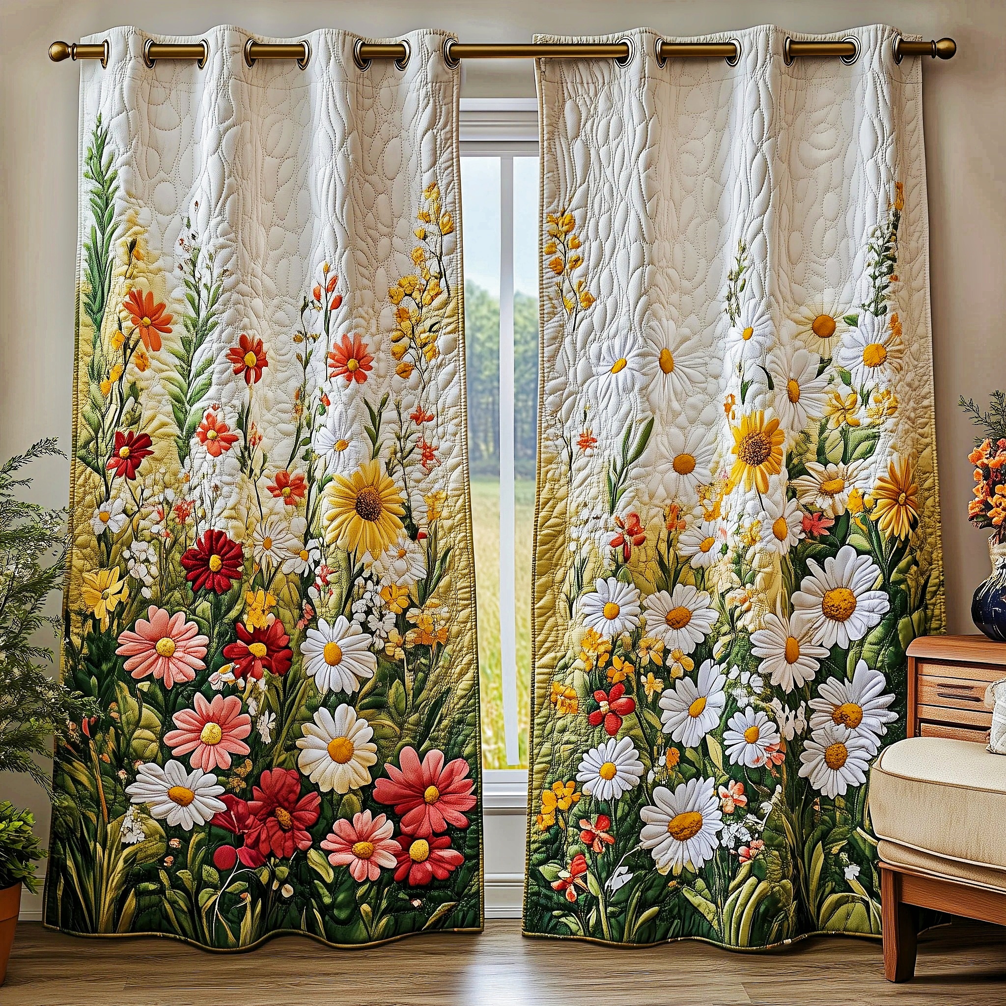 Multi-Colored Daisy Meadow Embroidered Knitwear Quilted Curtains