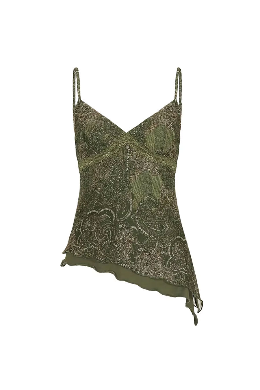 Women's Vintage Paisley All Over Print Mesh Lace Trim Irregular Hem Cami Top 