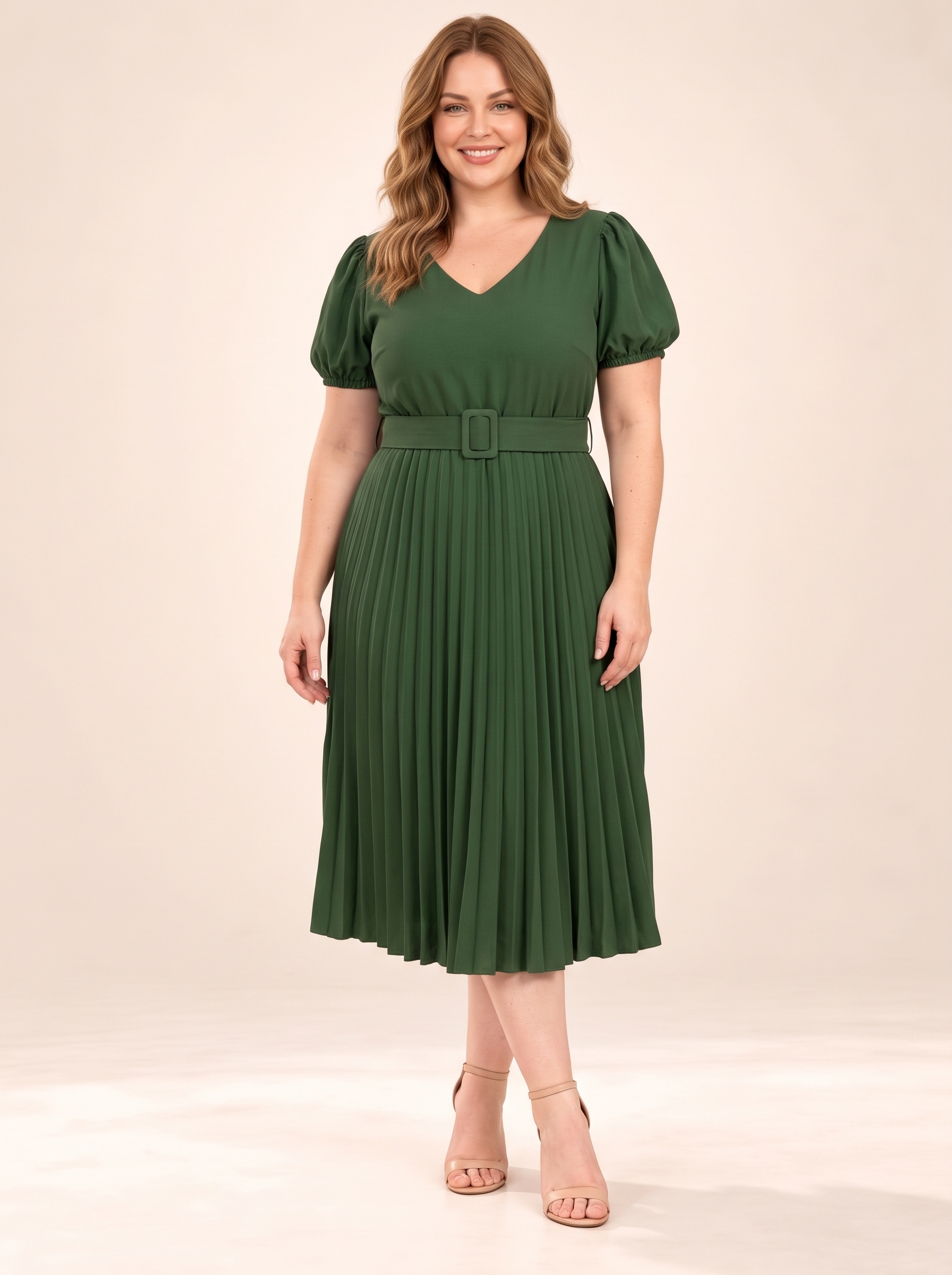Everyday V-Neck Puff-Sleeve Belted Pleated Midi Dress