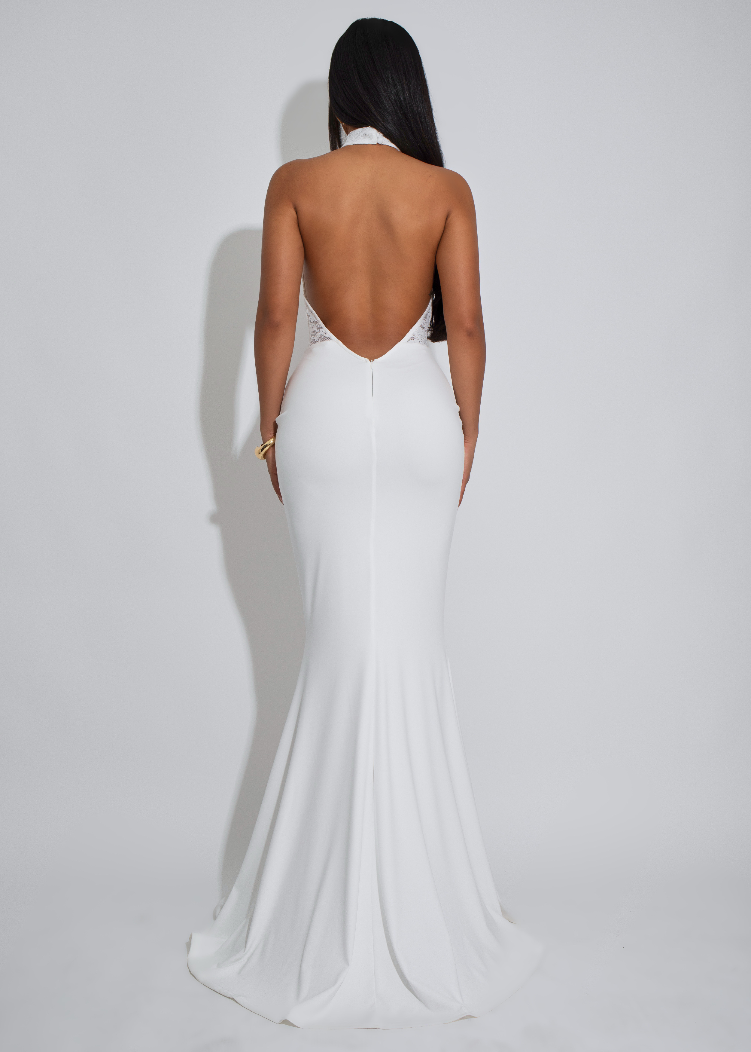 White Allure Lace Ruched Maxi Dress White