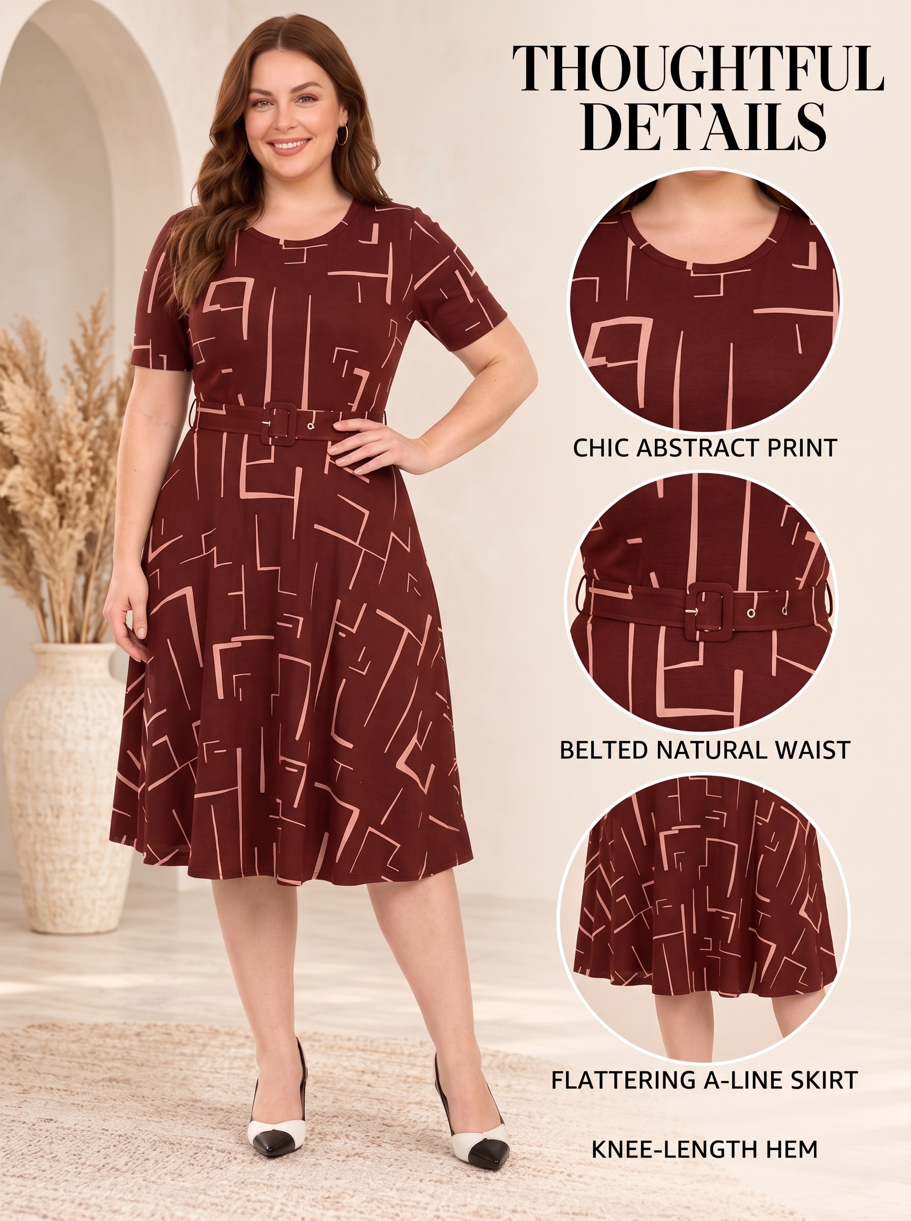 Everyday Art Abstract Print Belted Midi Dress