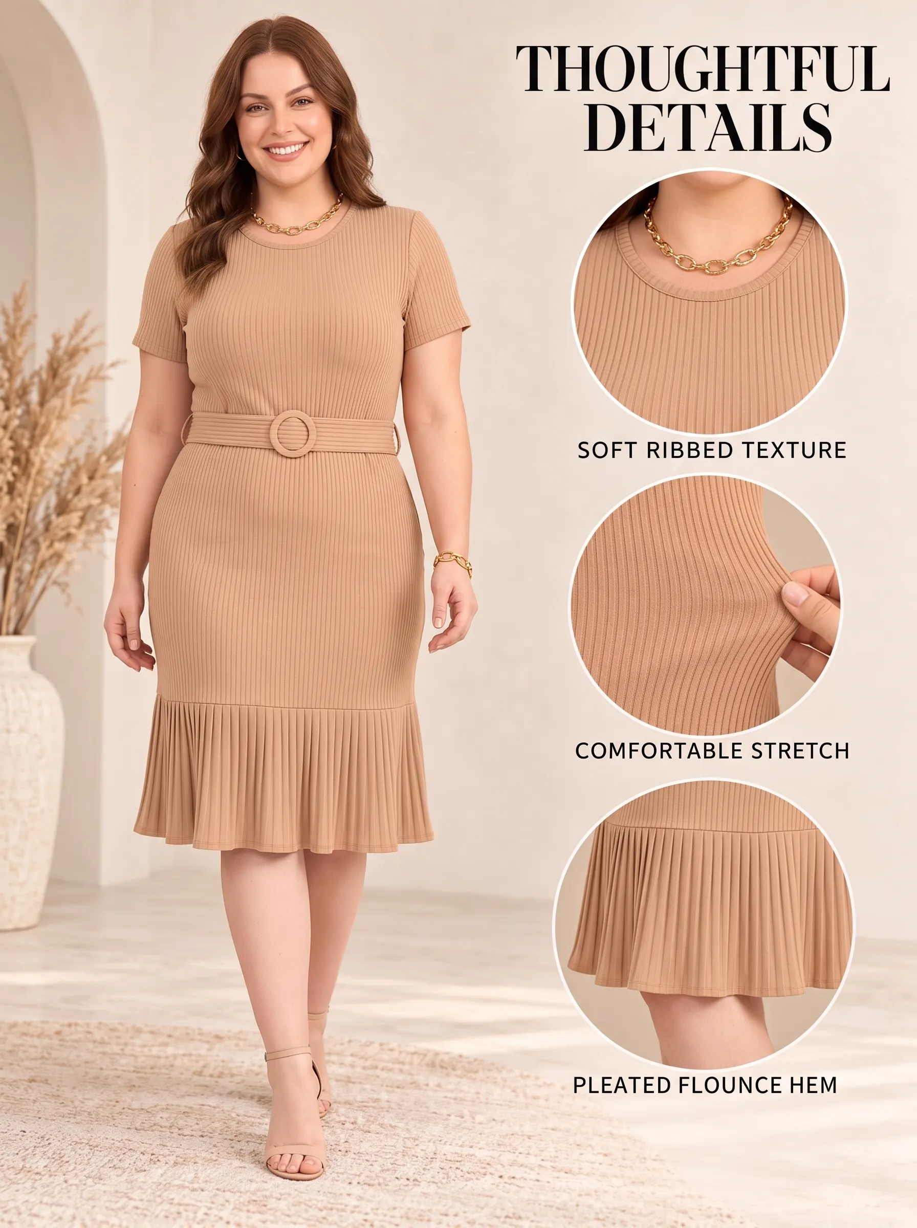 Everyday Ribbed Belted Ruffle-Hem Dress