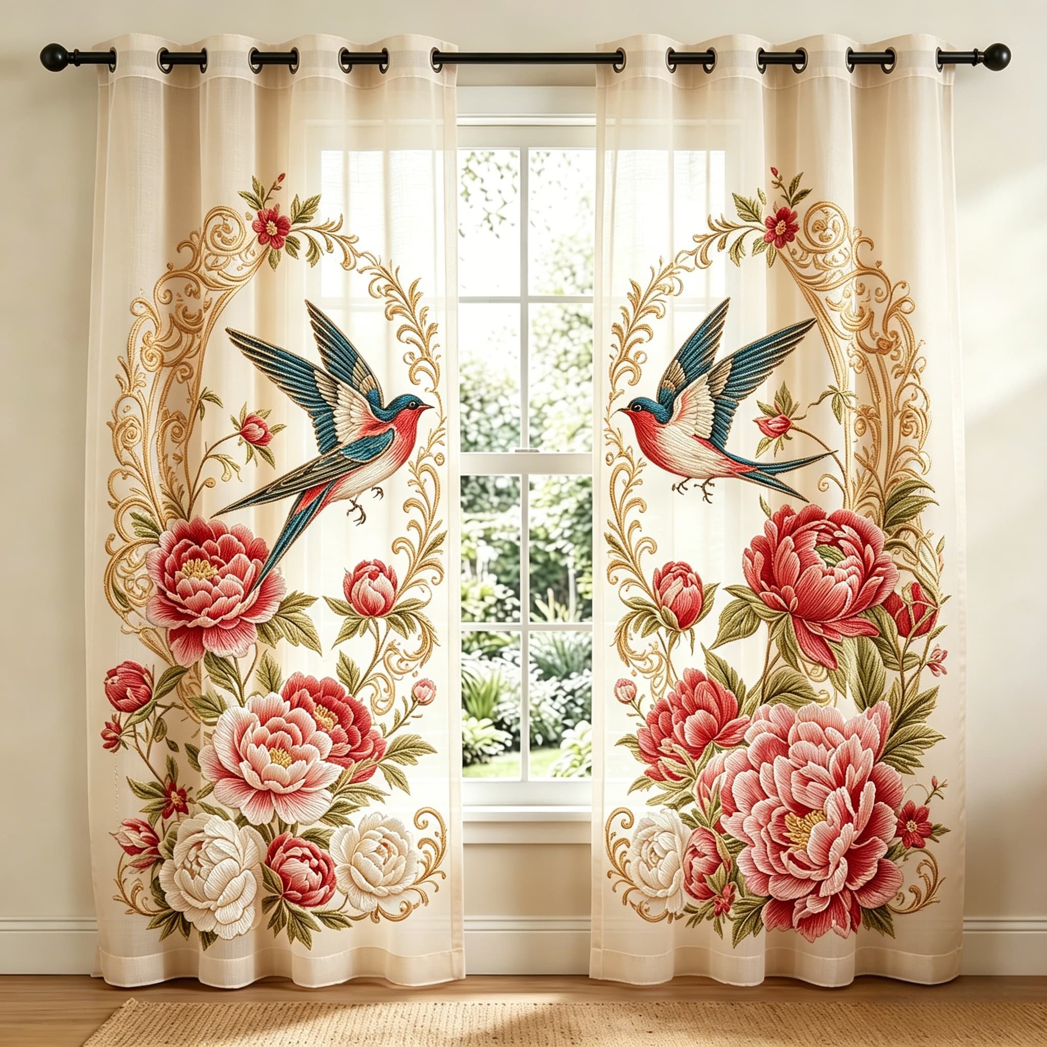 Vintage Swallow & Peony Bloom Embroidered Sheer Curtains