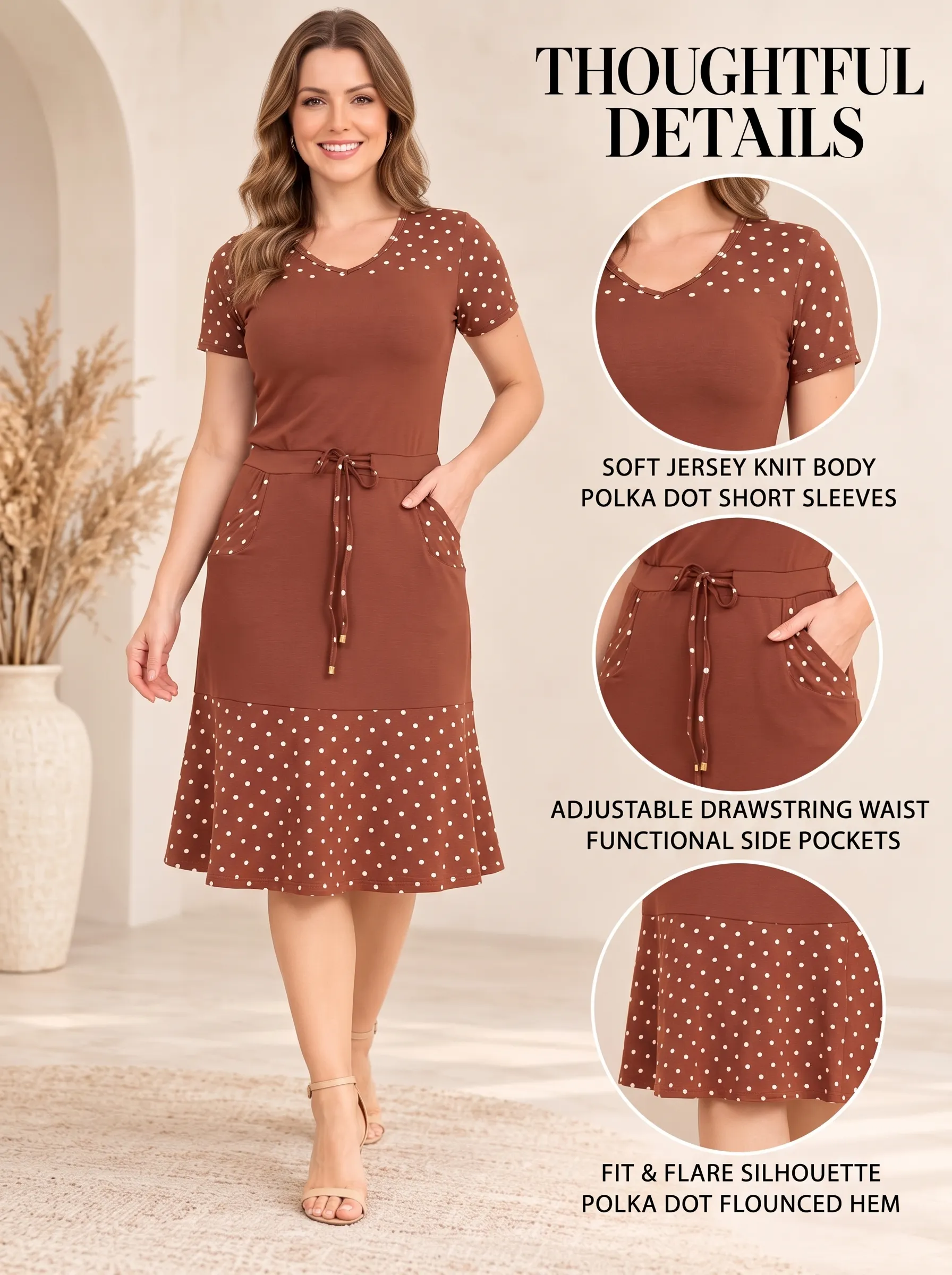 Women's Vintage V Neck Polka Dot Panel Short Sleeve Tie Waist Pocket Swing Midi Dress