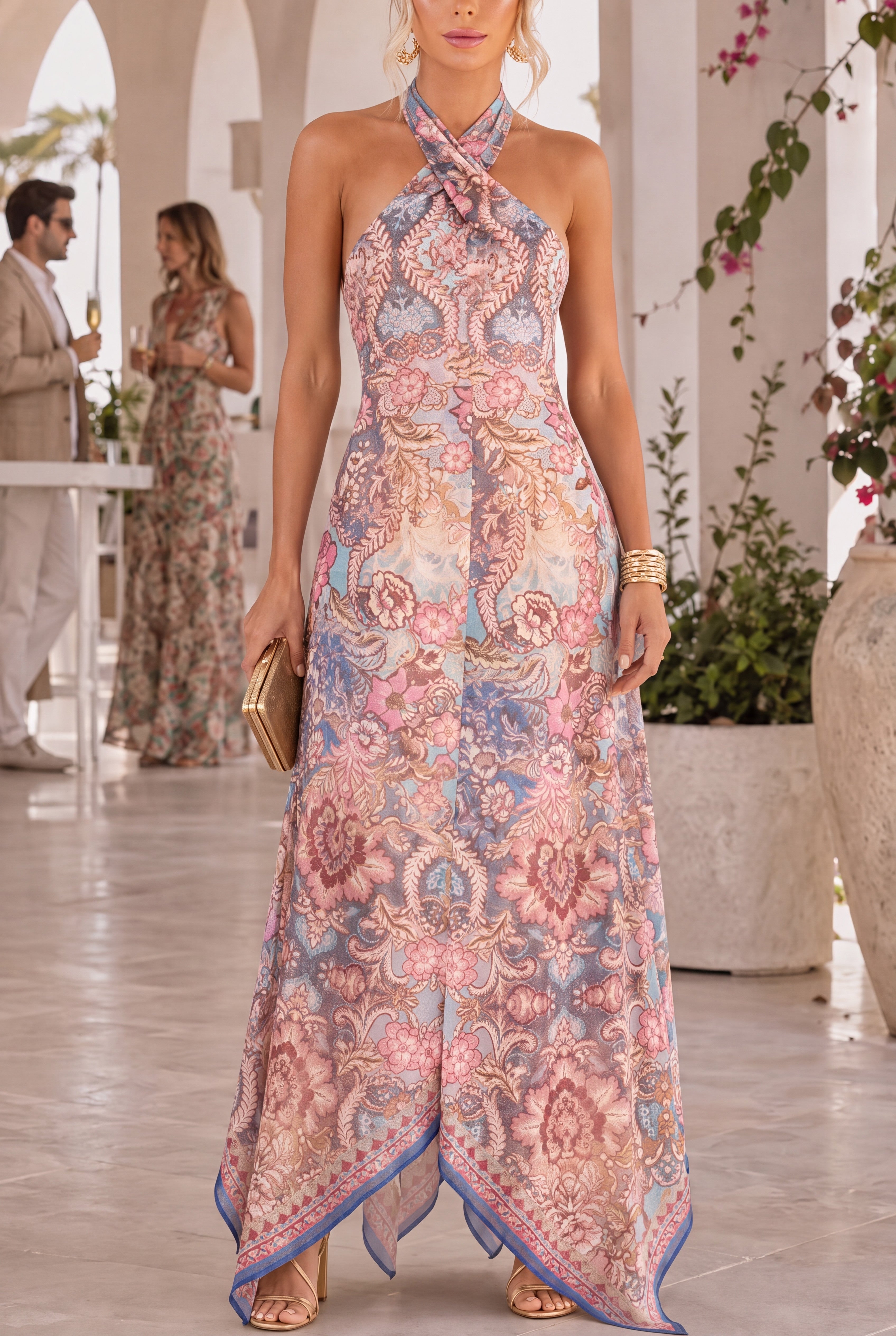 Halter Neck Open Back Floral Print Maxi Dress