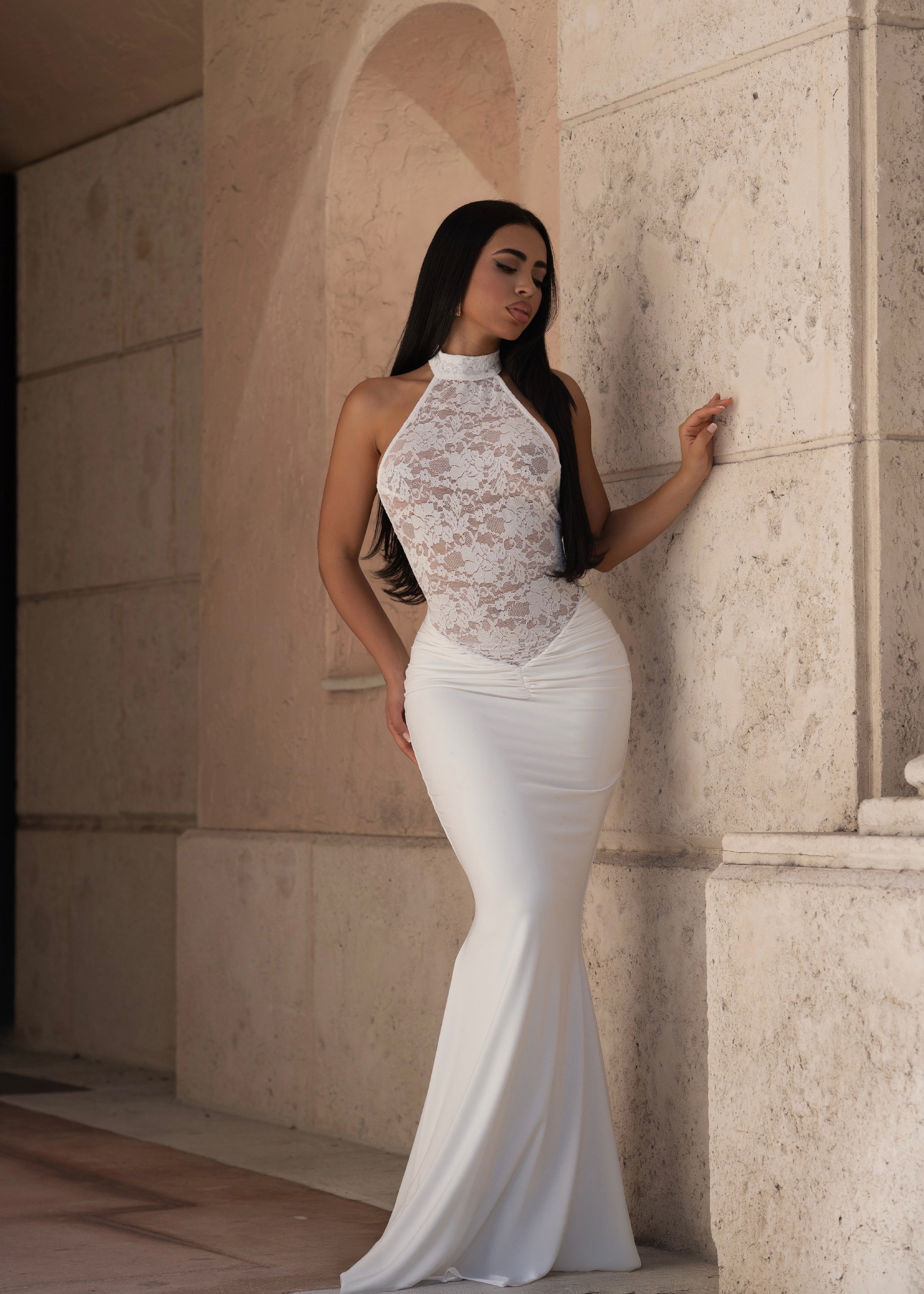White Allure Lace Ruched Maxi Dress White
