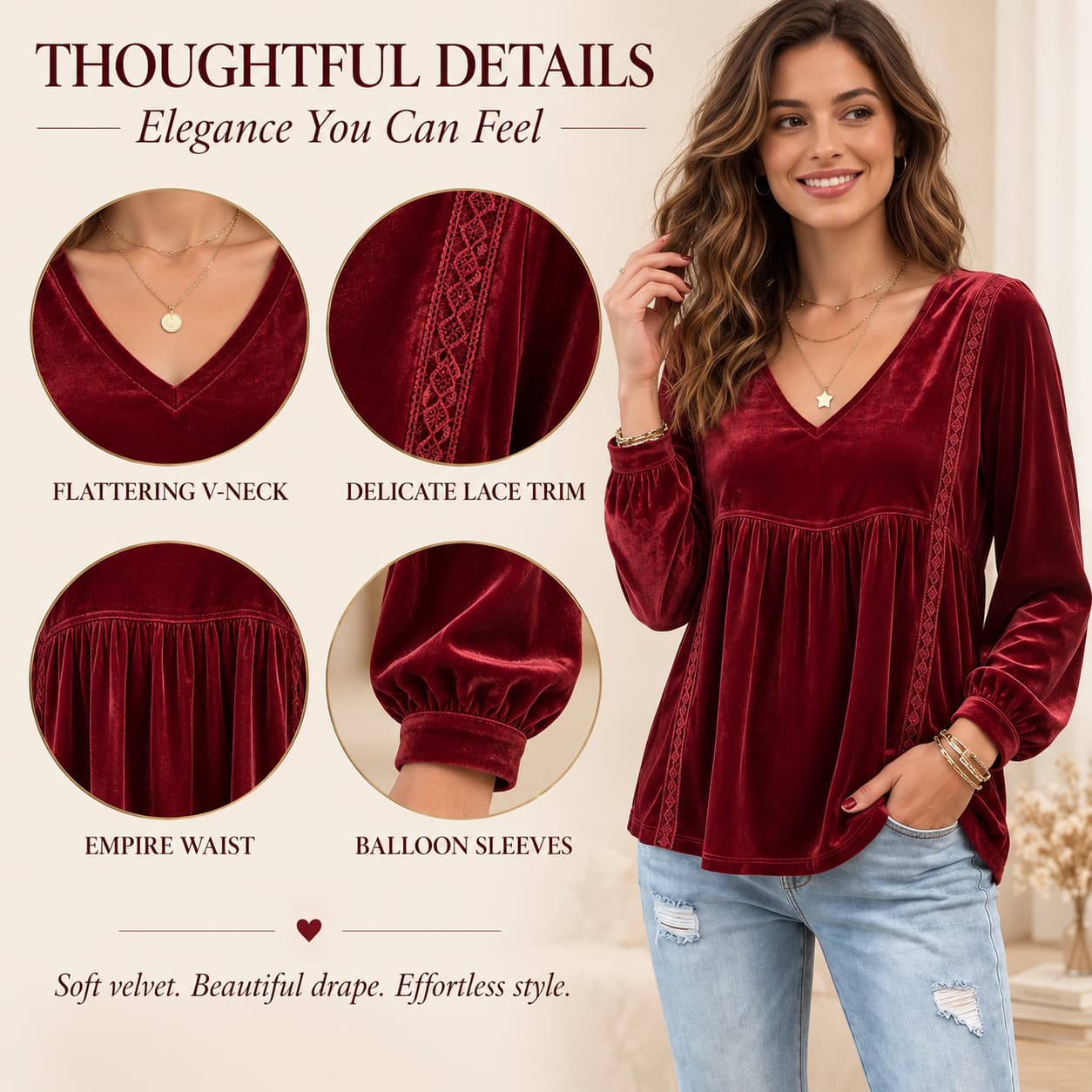 Velvet Grace Lace-Trim V-Neck Top
