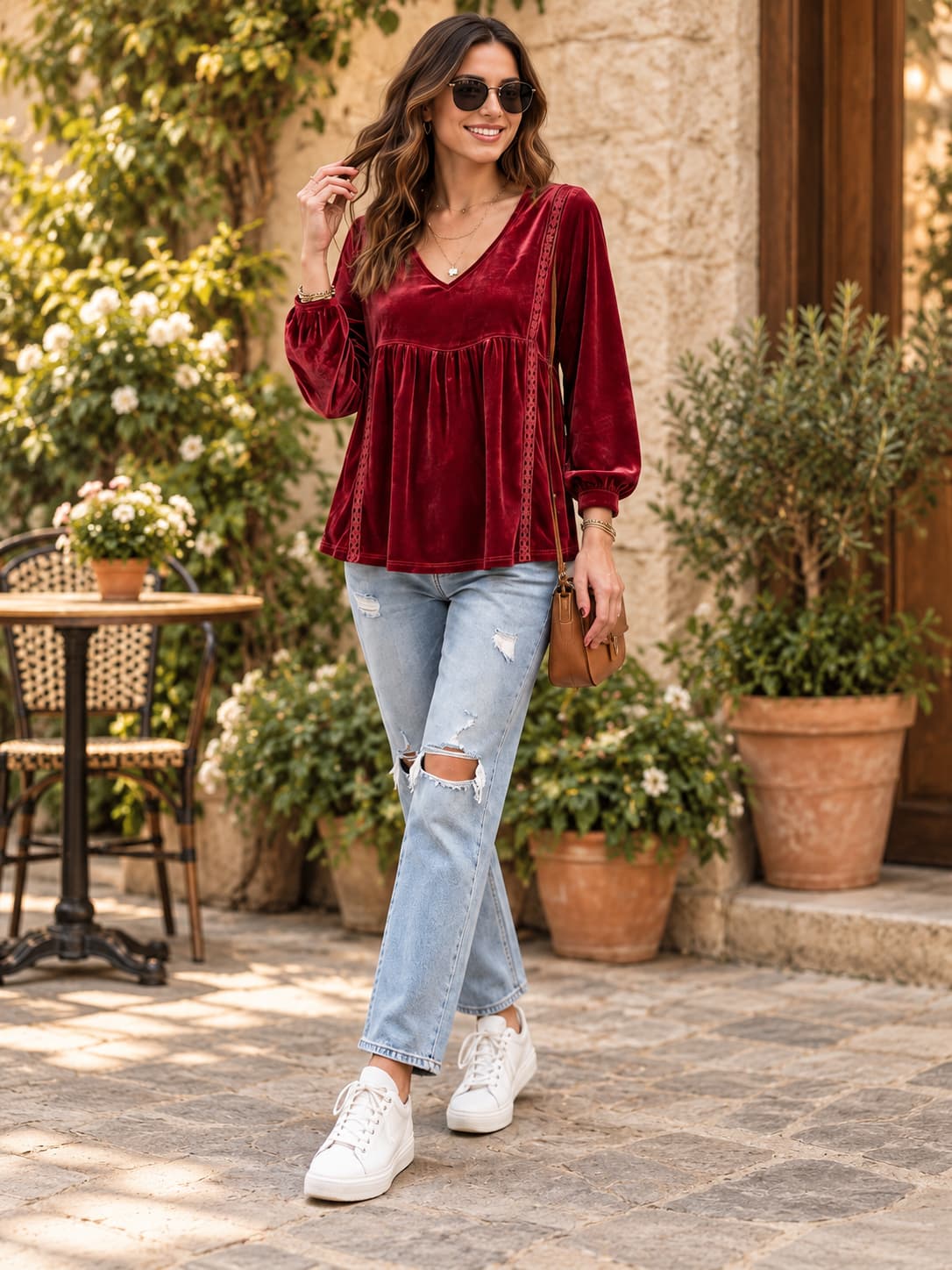 Velvet Grace Lace-Trim V-Neck Top