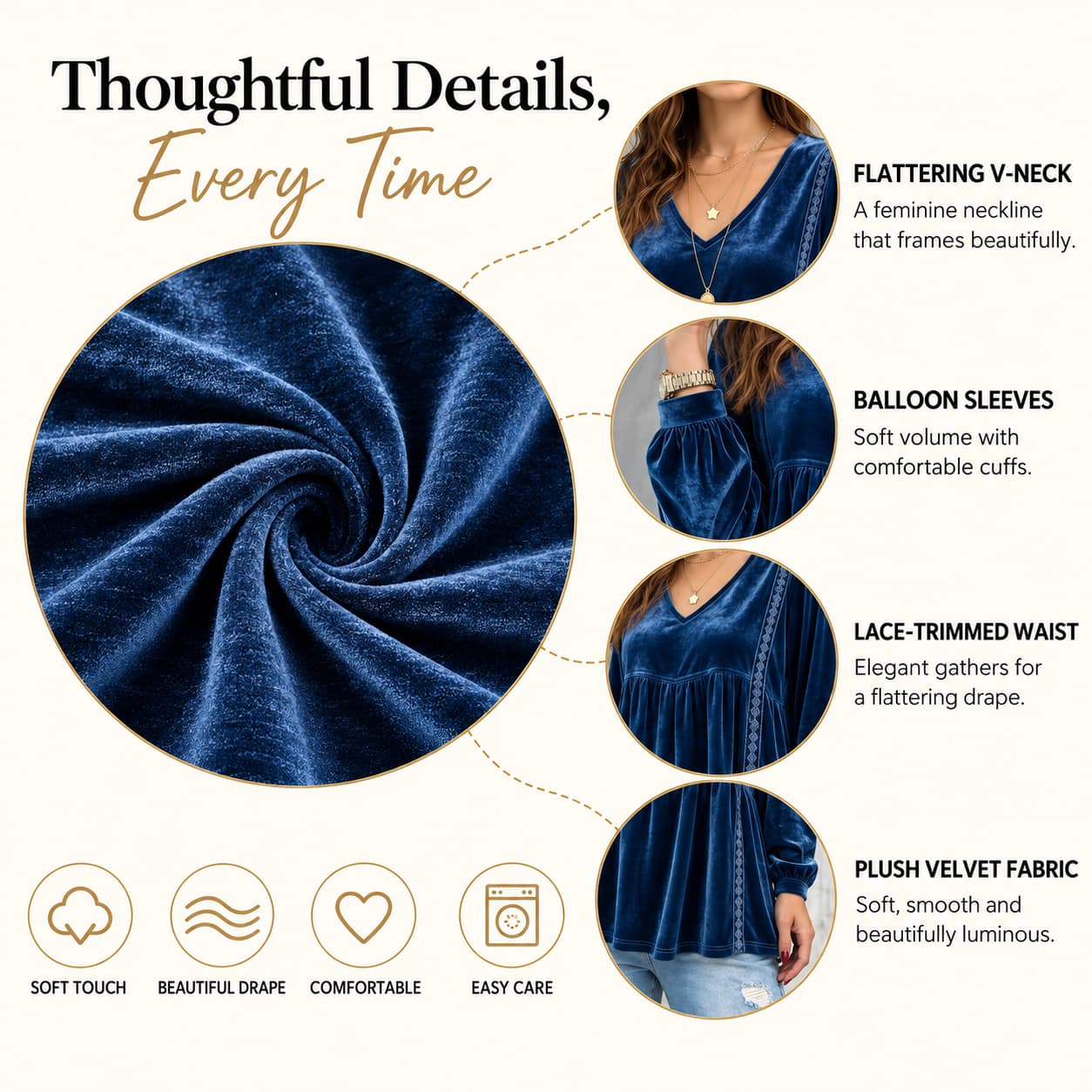 Velvet Grace Lace-Trim V-Neck Top