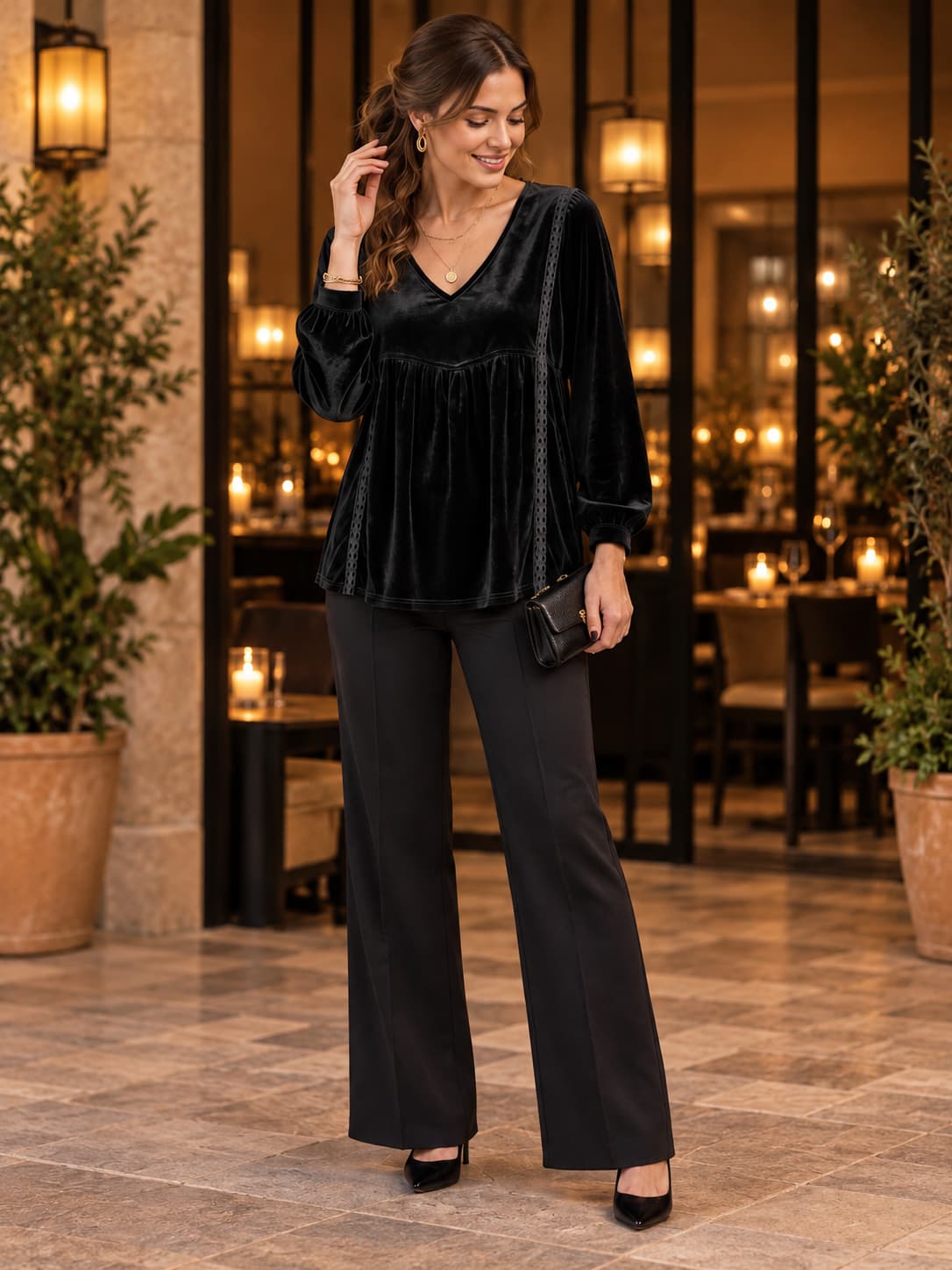 Velvet Grace Lace-Trim V-Neck Top