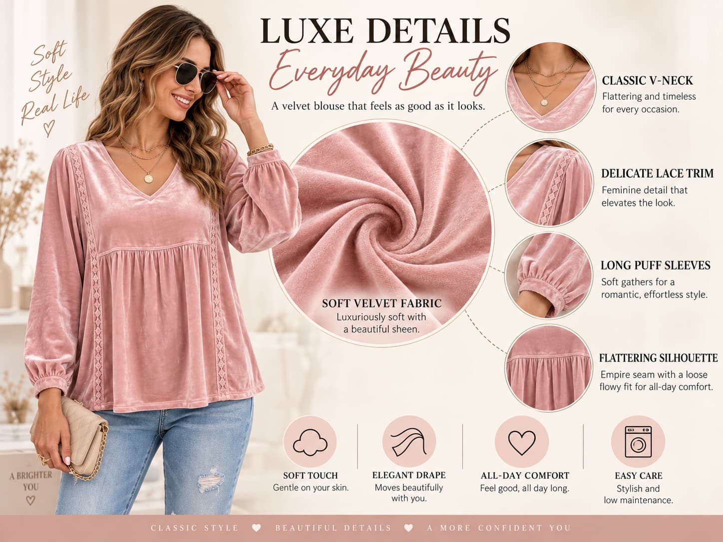 Velvet Grace Lace-Trim V-Neck Top