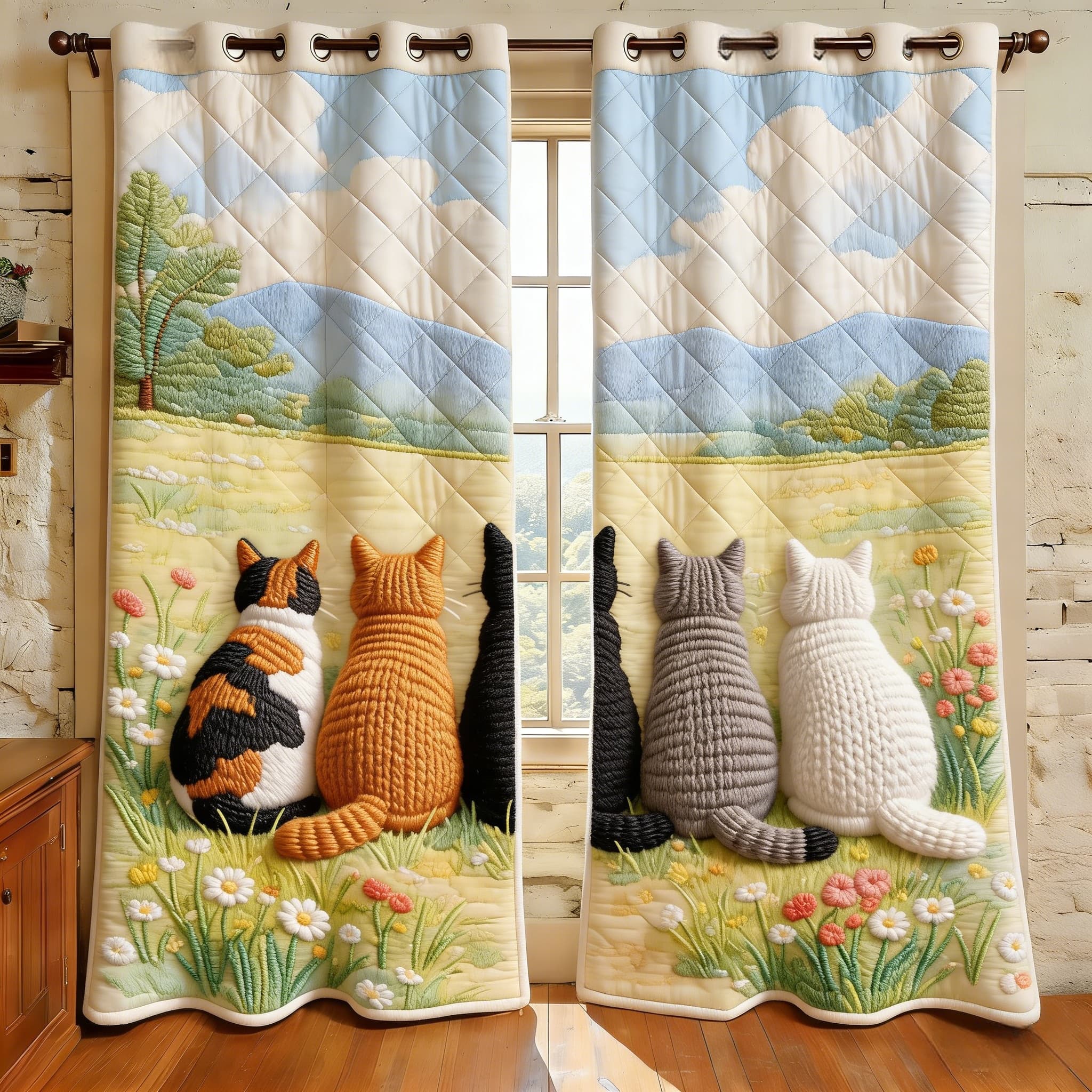 Cats Looking at Mountain Meadow Embroidered Knitwear Quilted Curtains