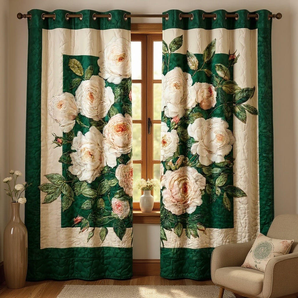 Vintage White Roses & Green Border Embroidered Knitwear Quilted Curtains