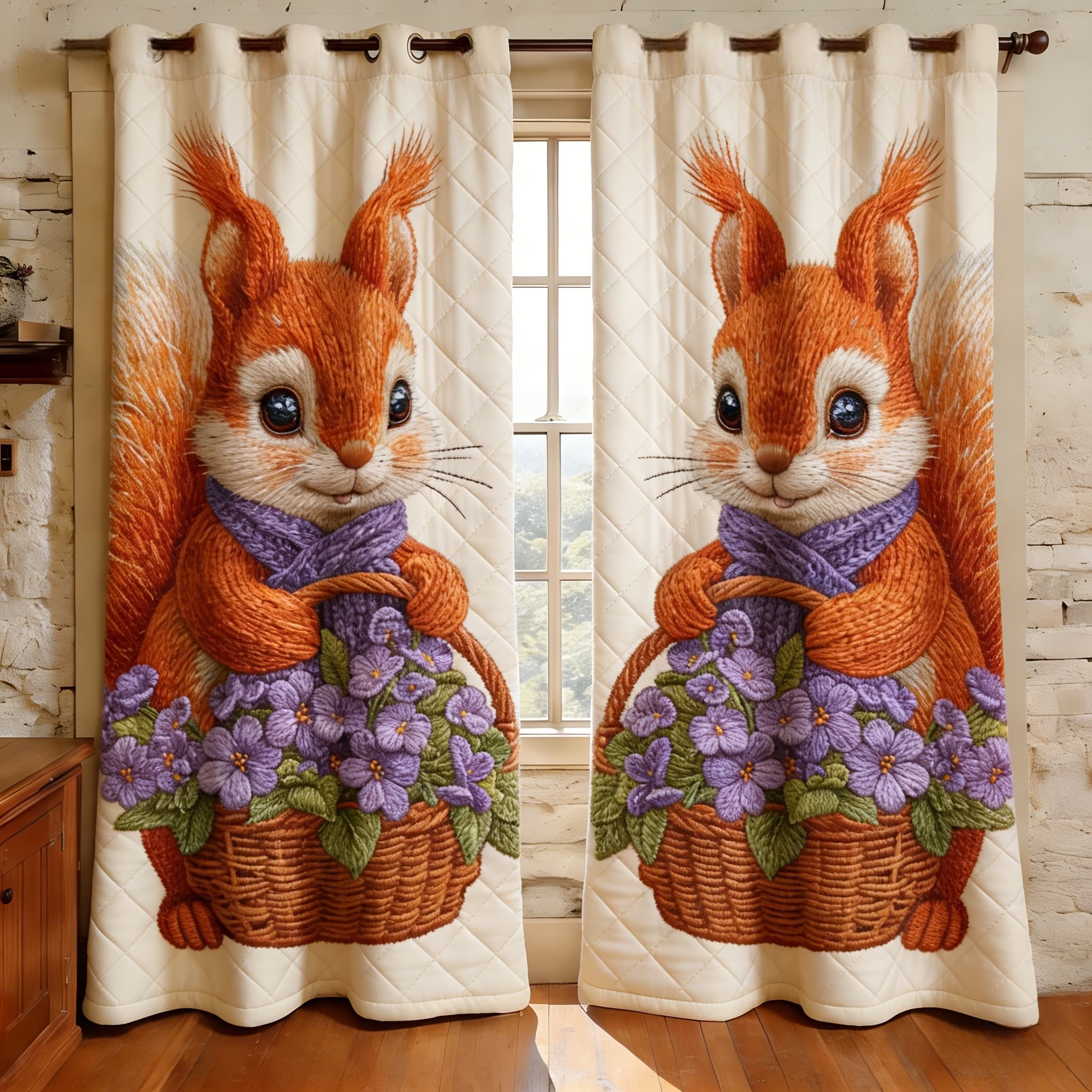 Scarfed Squirrel with Violet Basket Embroidered Knitwear Quilted Curtains
